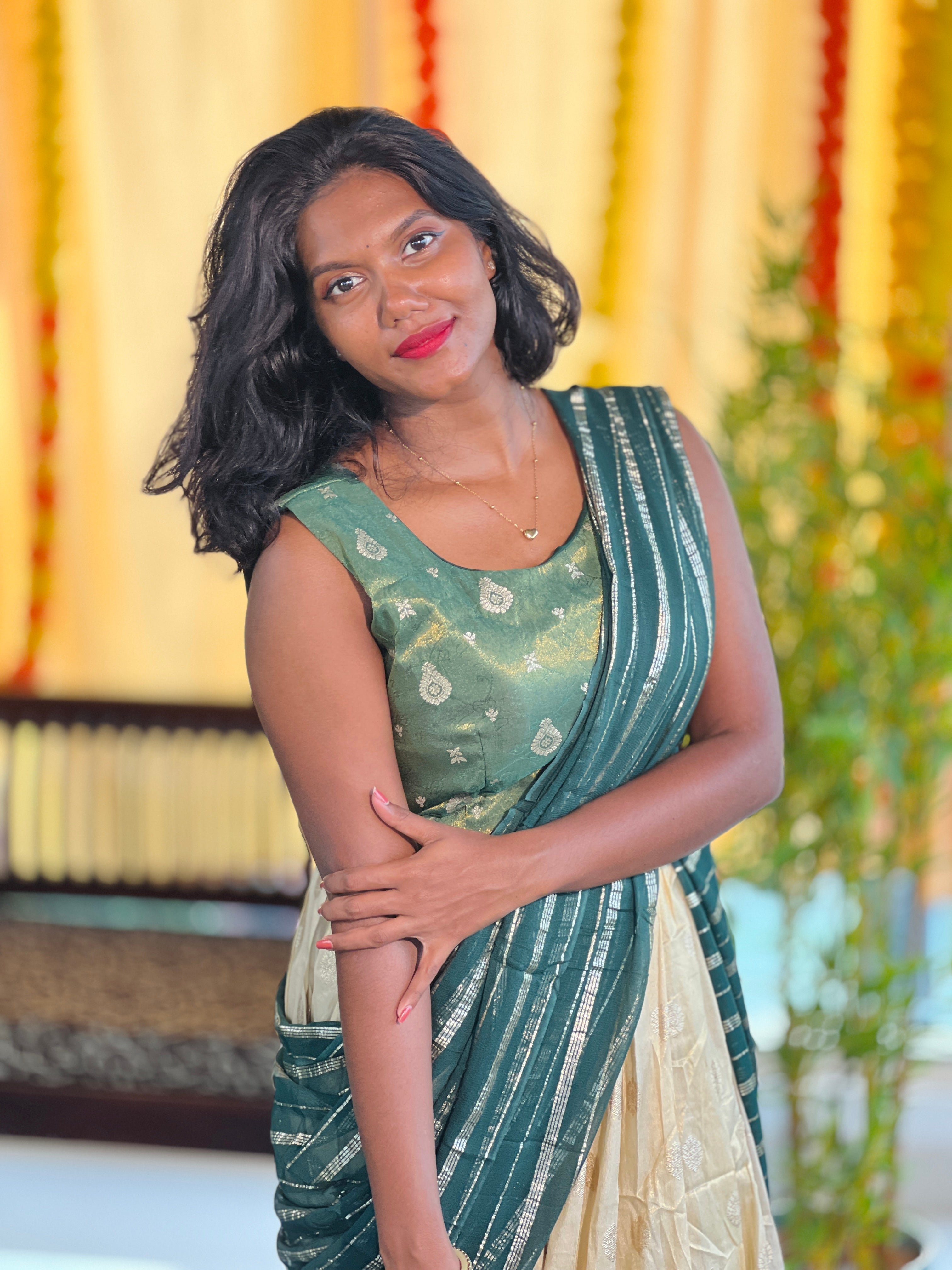 Golden Zari Weaved Stitched Semi Silk Dhavani Set | HT248