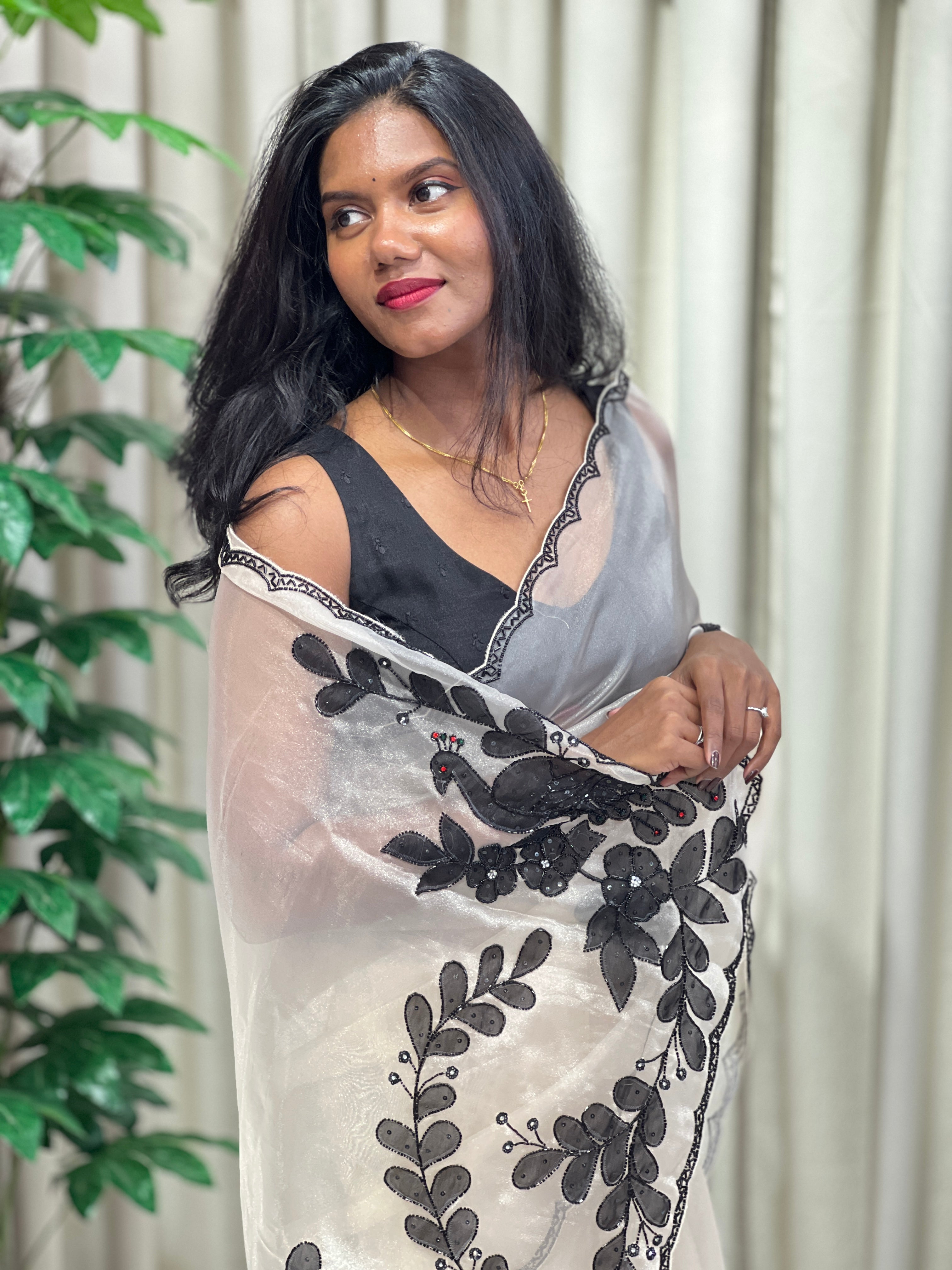 Applique With Beads & sequins Detailed Shimmer Organza Saree | SGS136