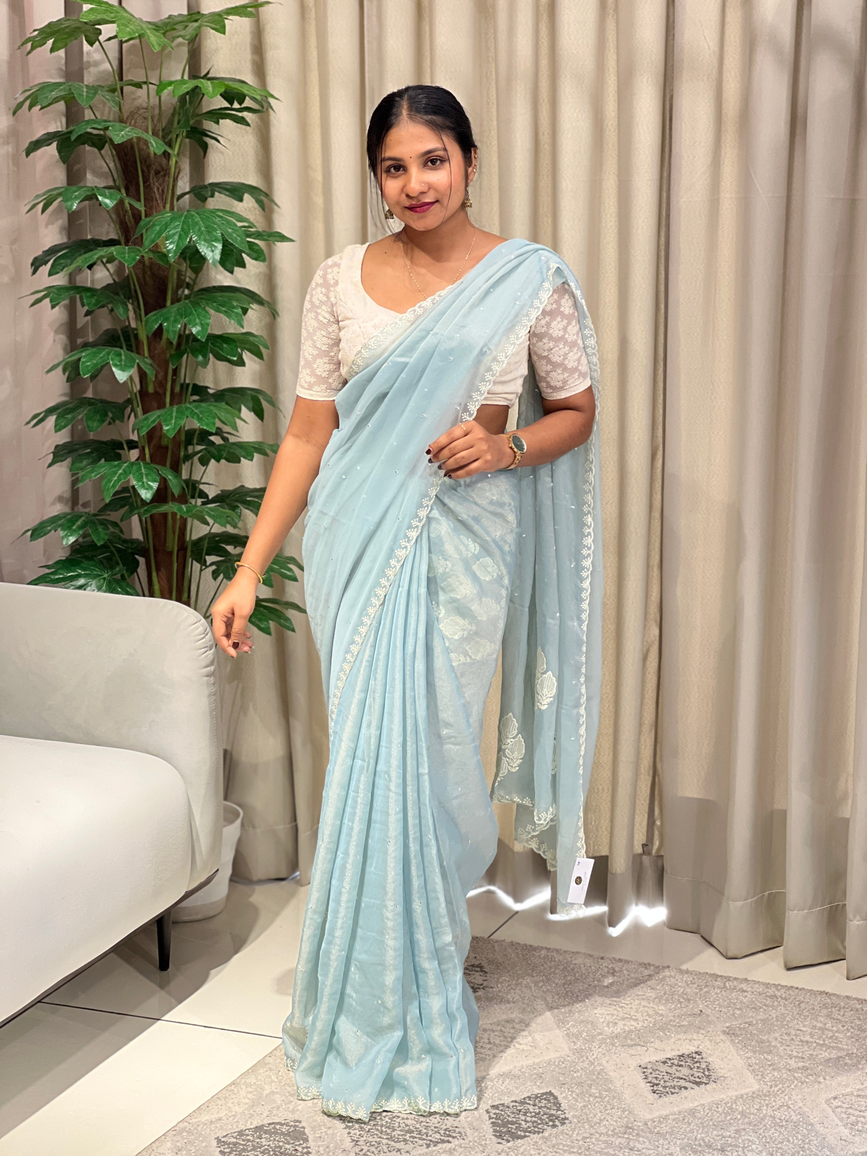 Floral Machine Embroidery Shimmer Georgette Saree | BLD1783