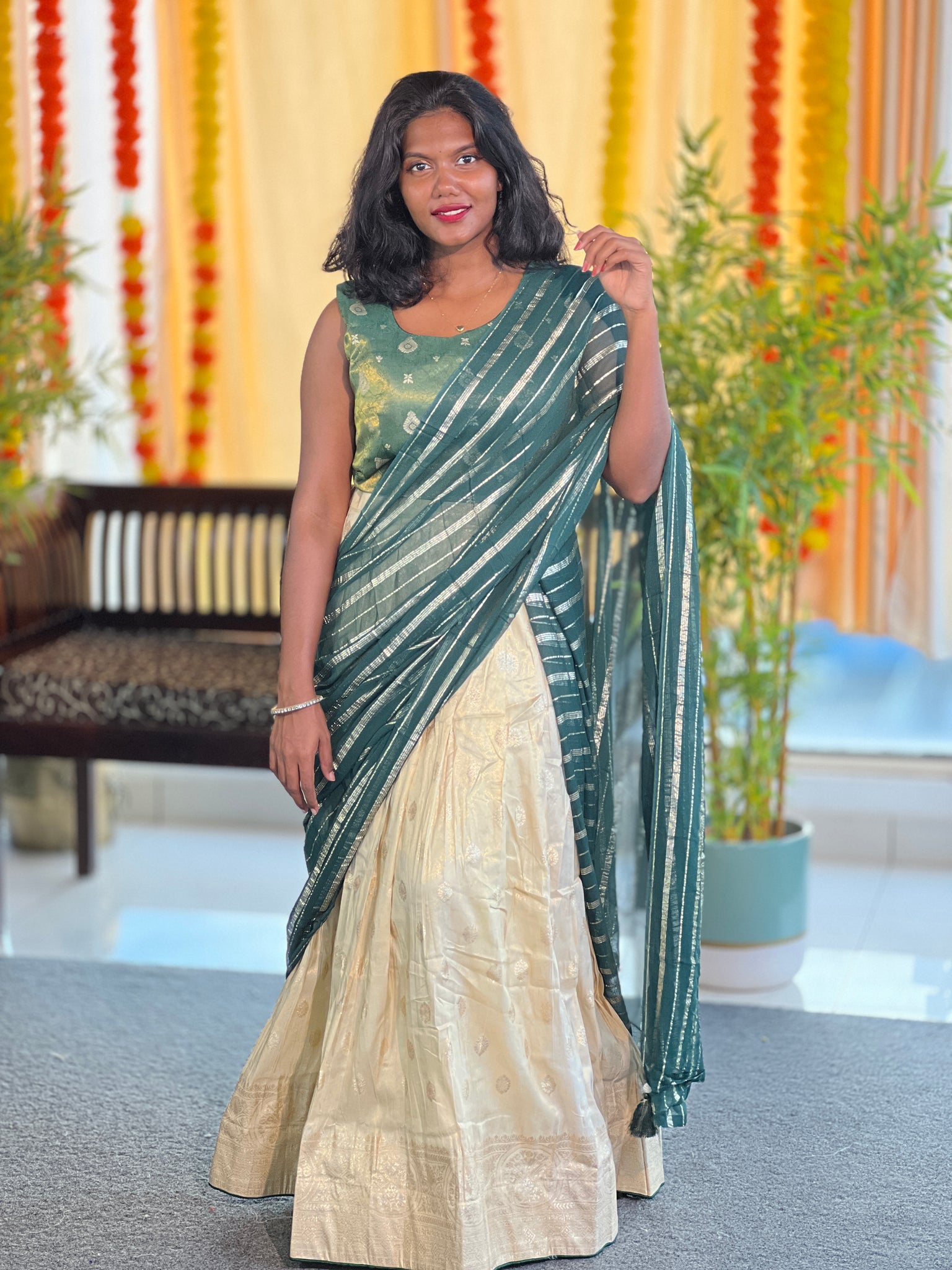 Kanchipuram Dhavani Yellow Kanchipuram Half Saree Lehenga With