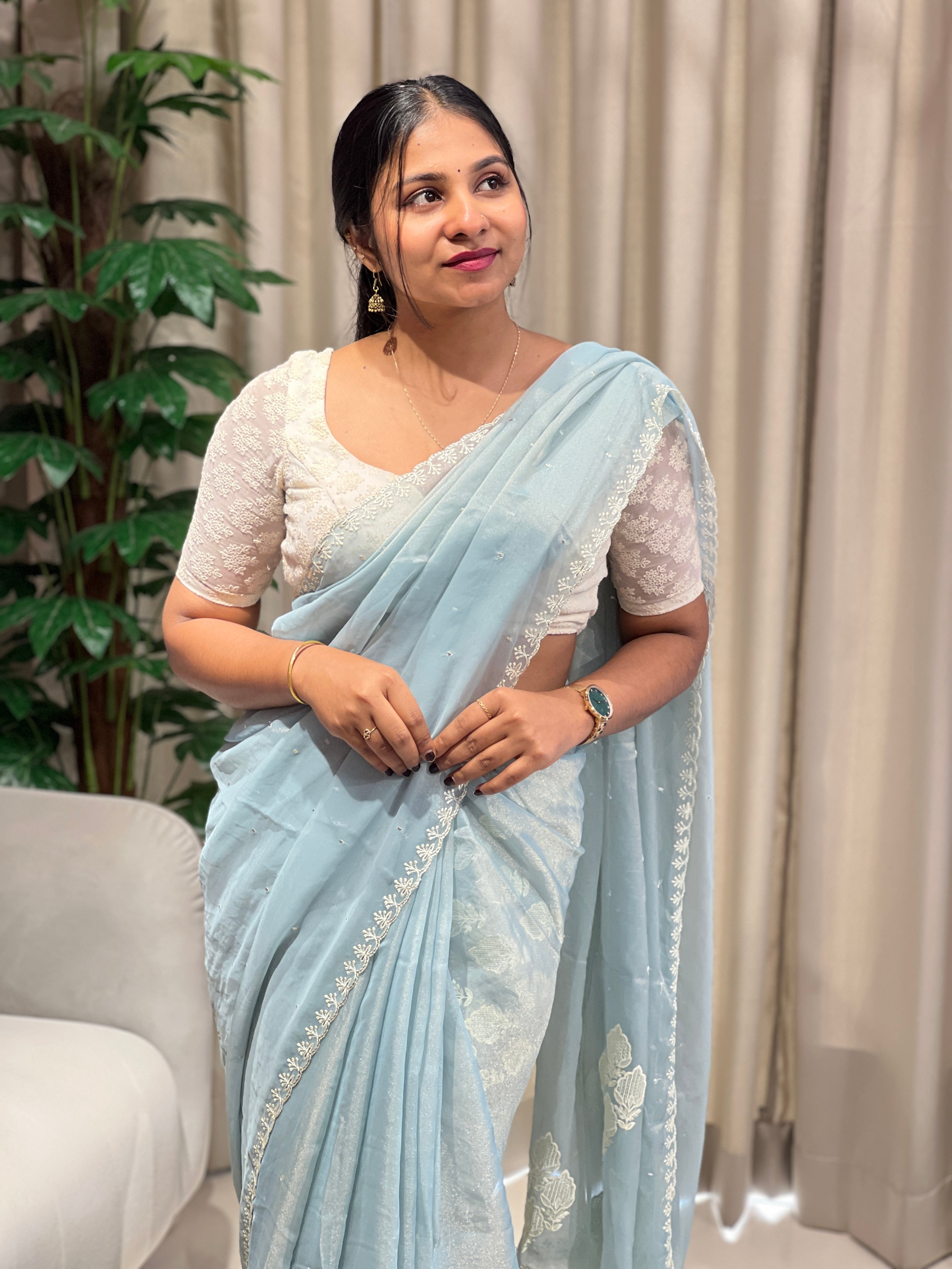 Floral Machine Embroidery Shimmer Georgette Saree | BLD1783