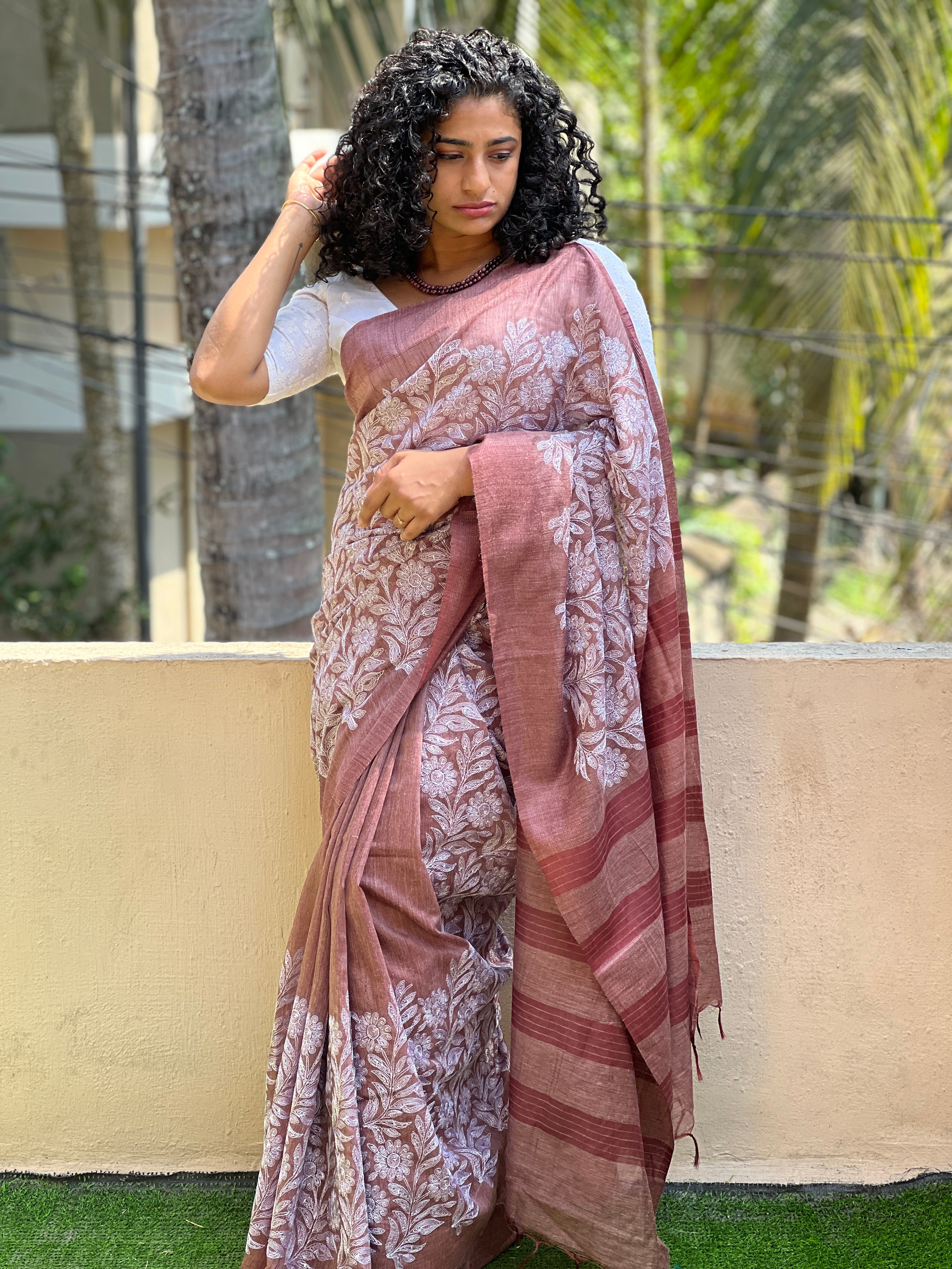 Computerized Floral Embroidery & Pallu Stripe Design Basbara Silk Saree | NHH198
