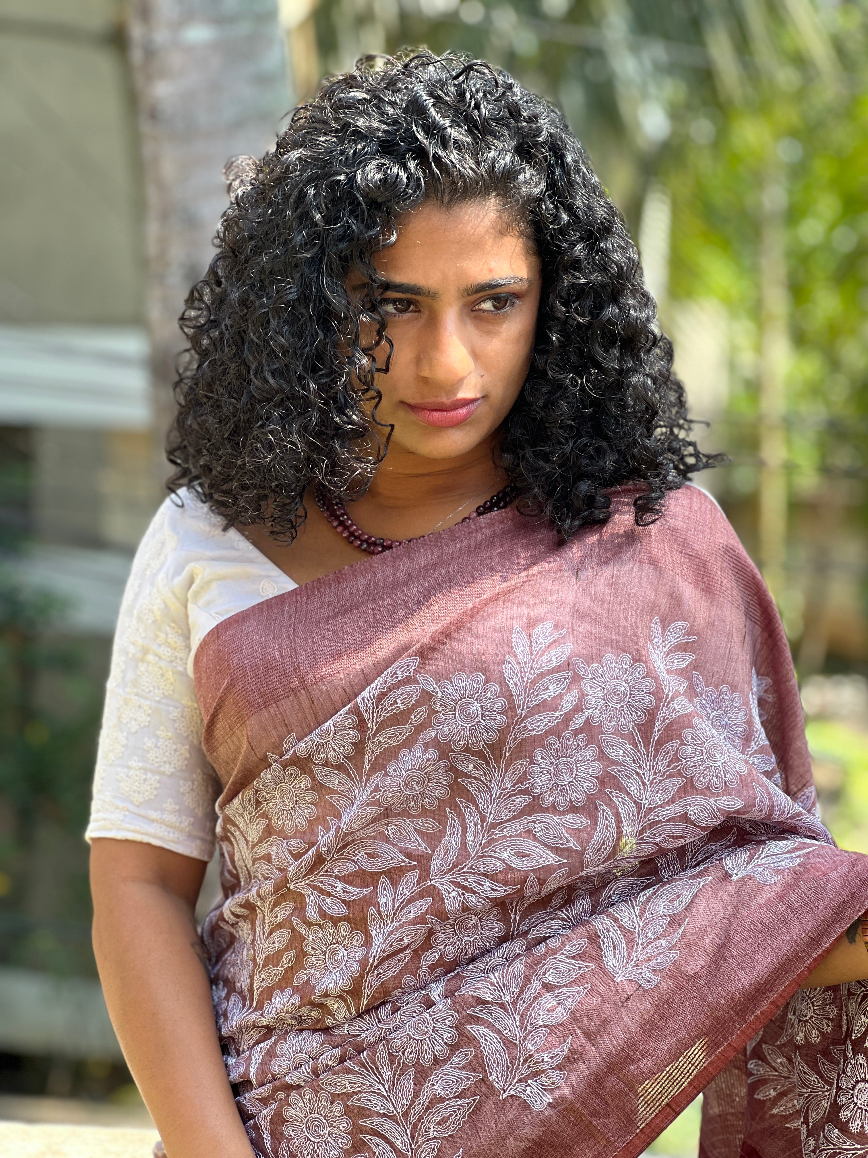 Computerized Floral Embroidery & Pallu Stripe Design Basbara Silk Saree | NHH198