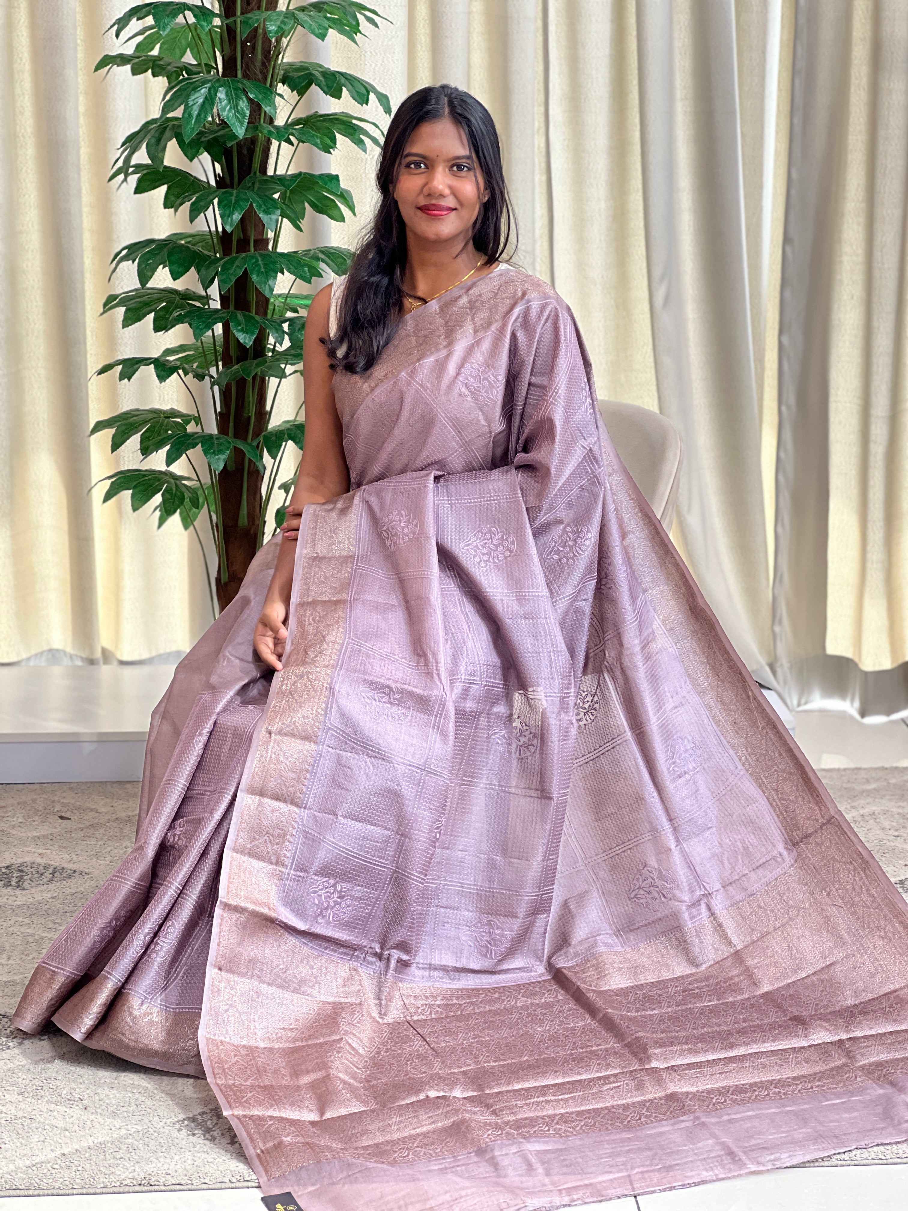 Check Patterned Embroidered Tussar Saree | ZSS106