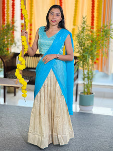 Golden Zari Weaved Stitched Semi Silk Dhavani Set | HT244