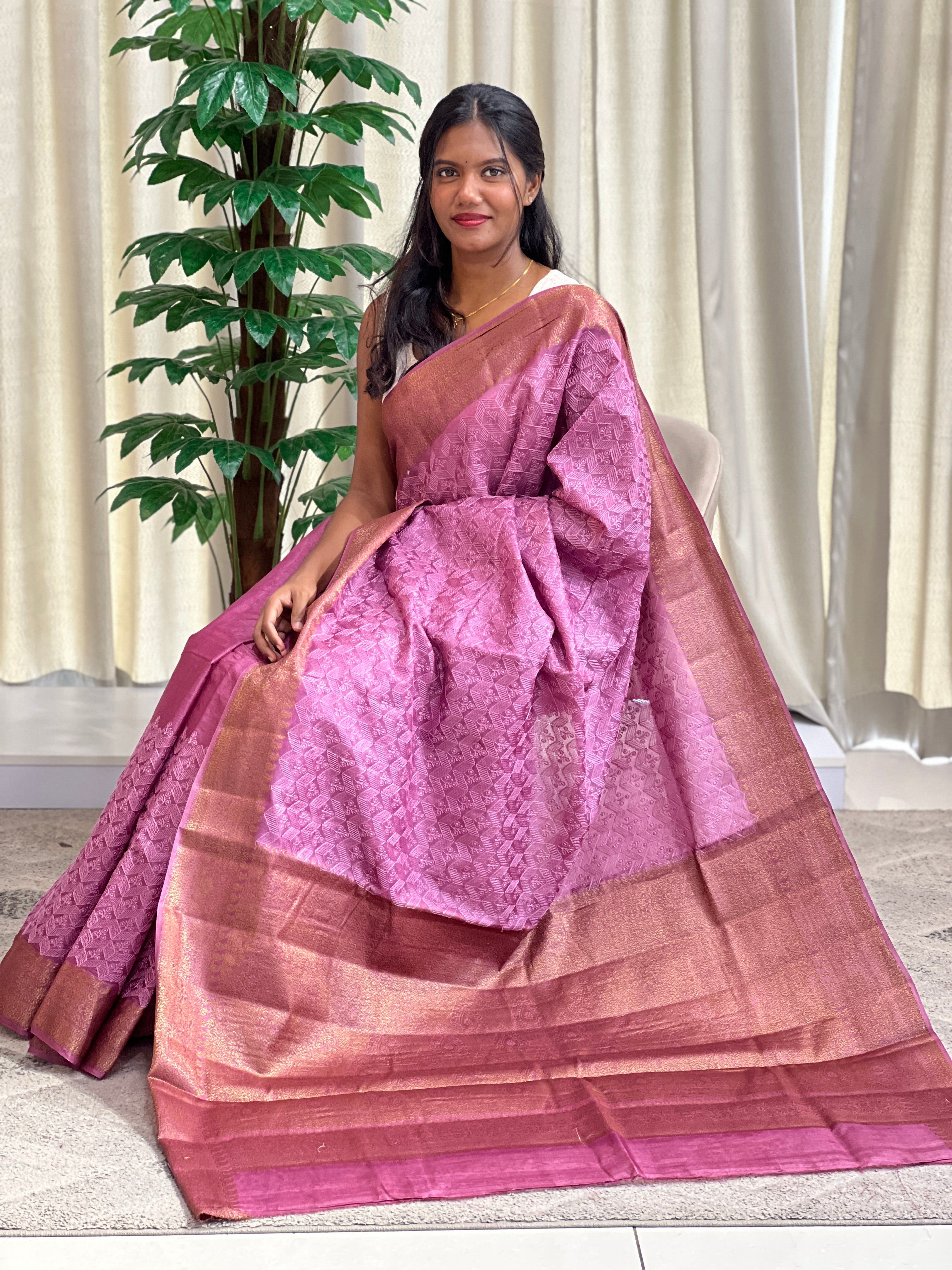 Check Patterned Embroidered Tussar Saree | ZSS103