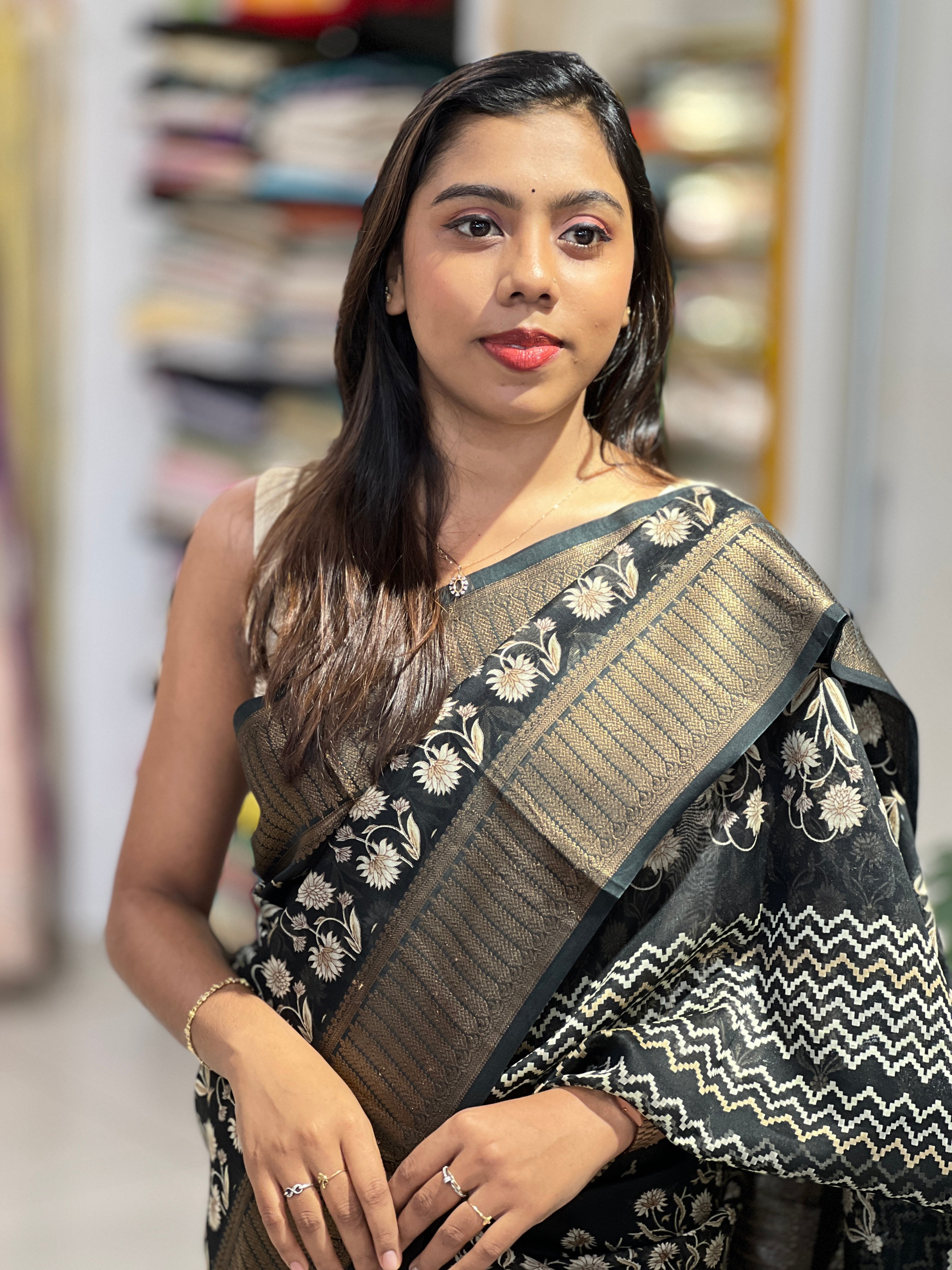 Floral & Zigzag Printed Chanderi Saree | RGD809
