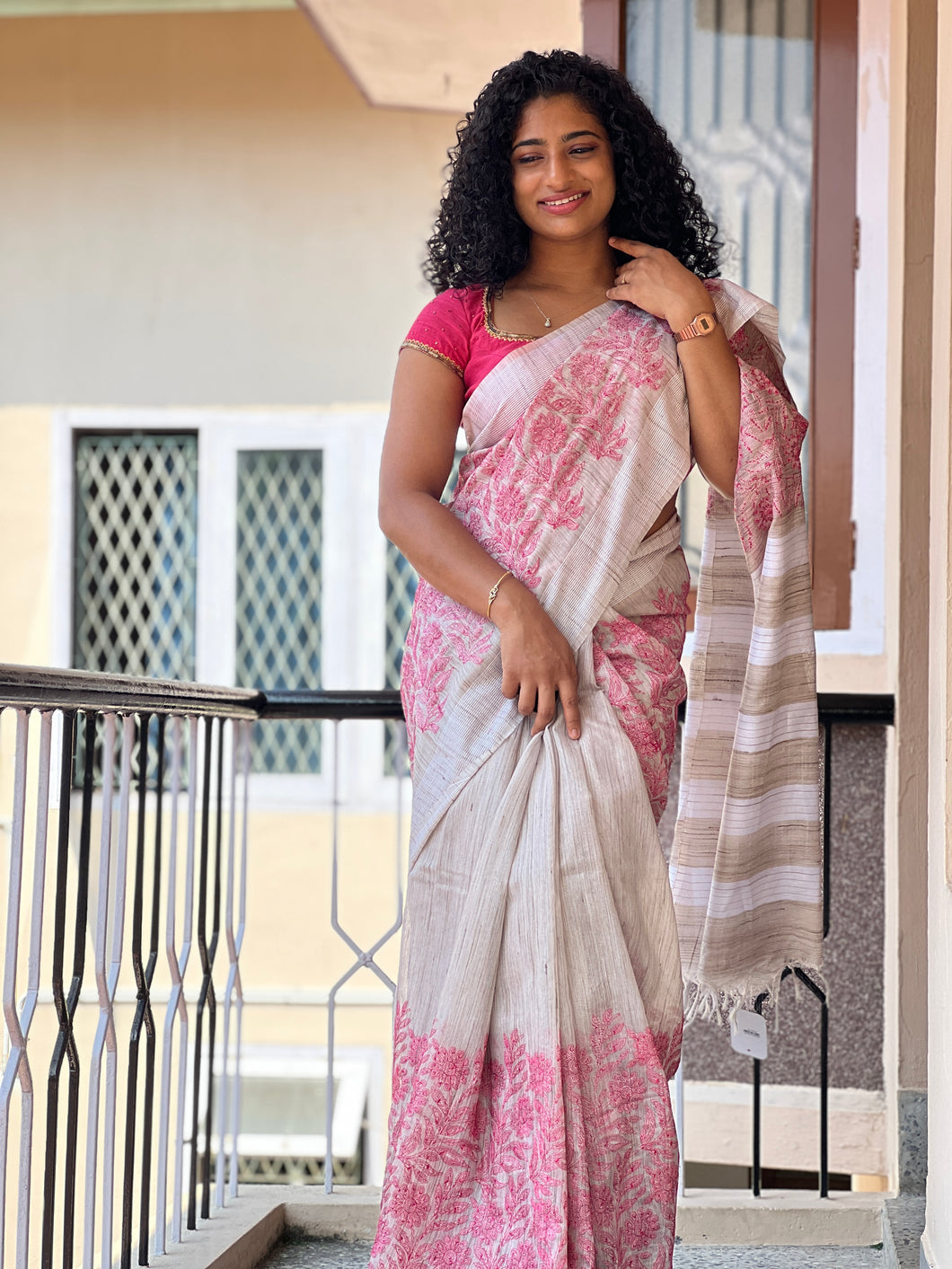 Computerized Floral Embroidery & Pallu Stripe Design Basbara Silk Saree | NHH201
