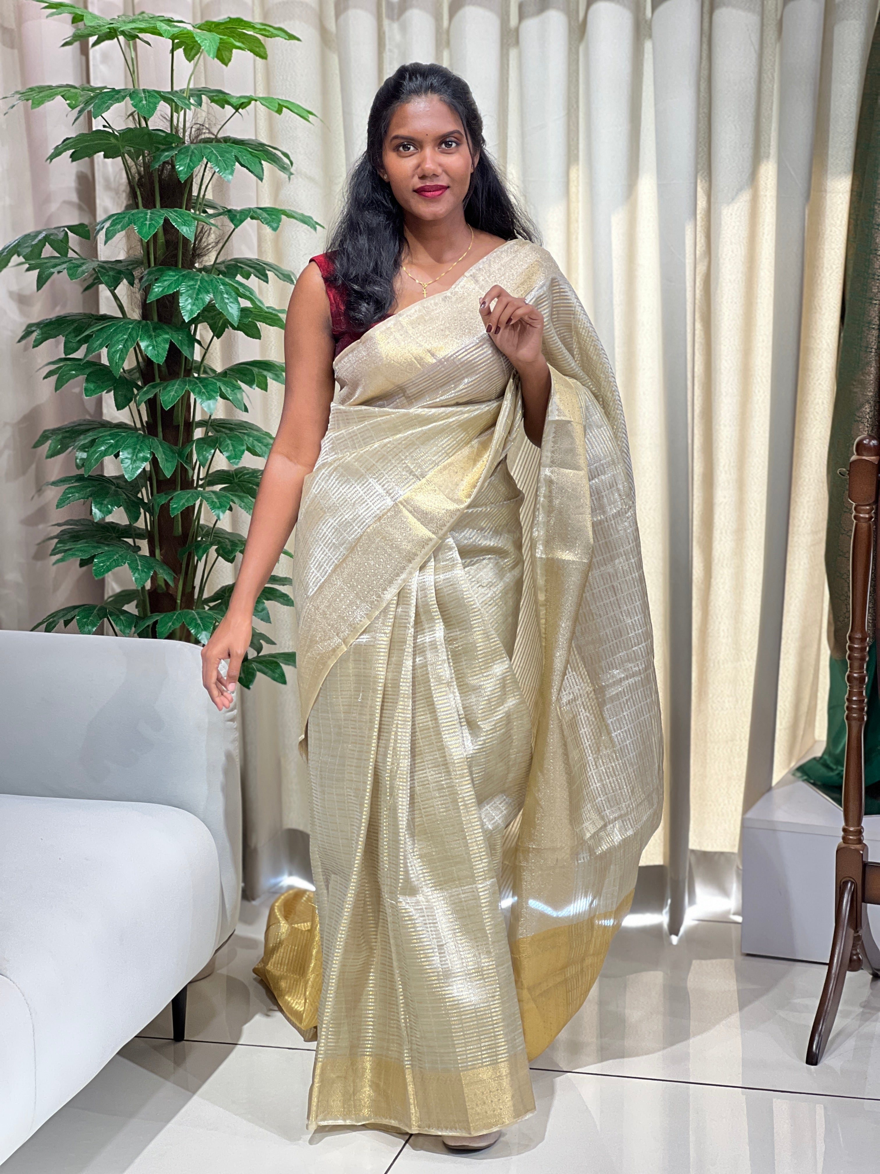 Zari Woven Stripe Patterned Tissue Organza Saree | KSS113