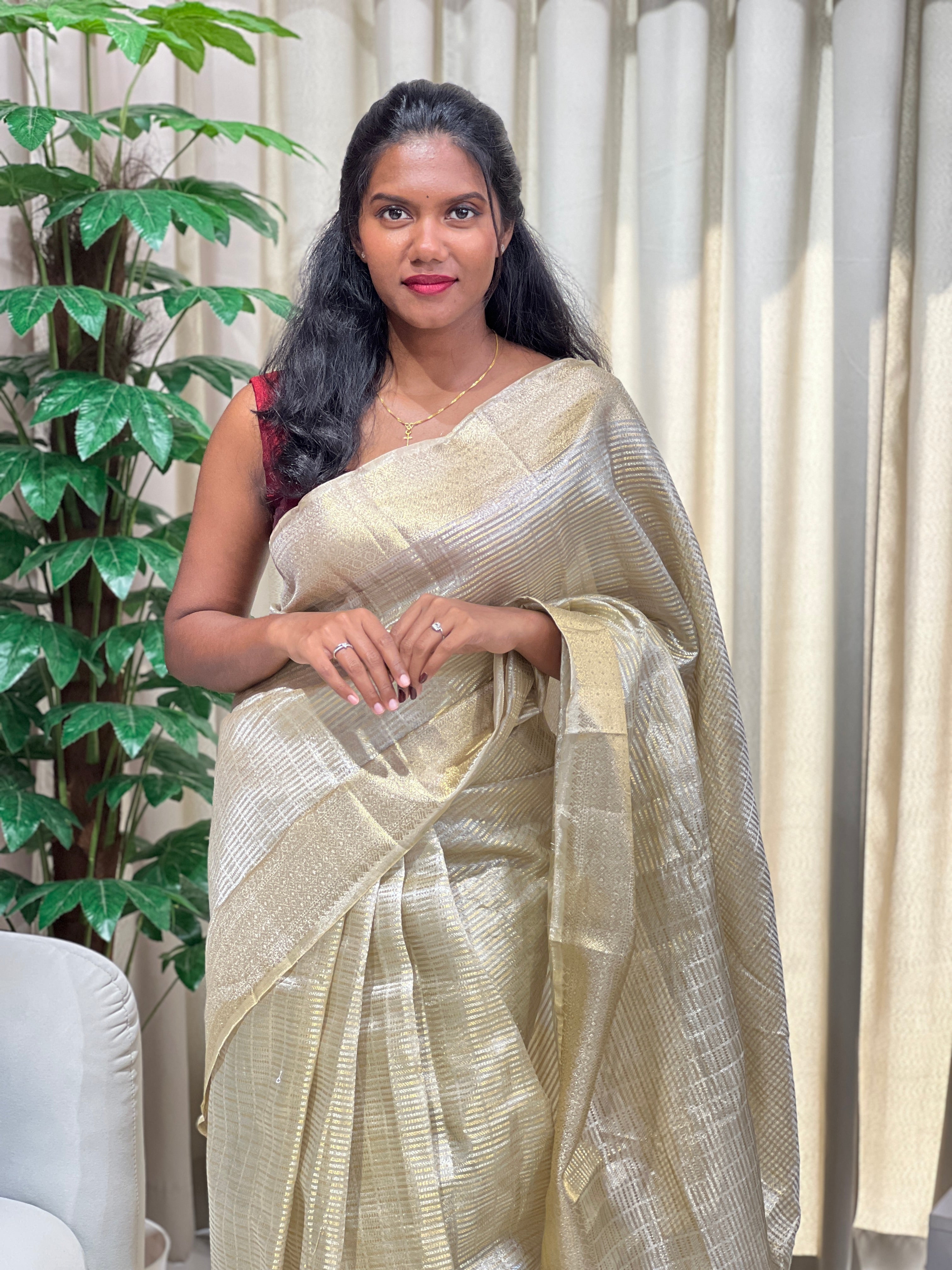Zari Woven Stripe Patterned Tissue Organza Saree | KSS113
