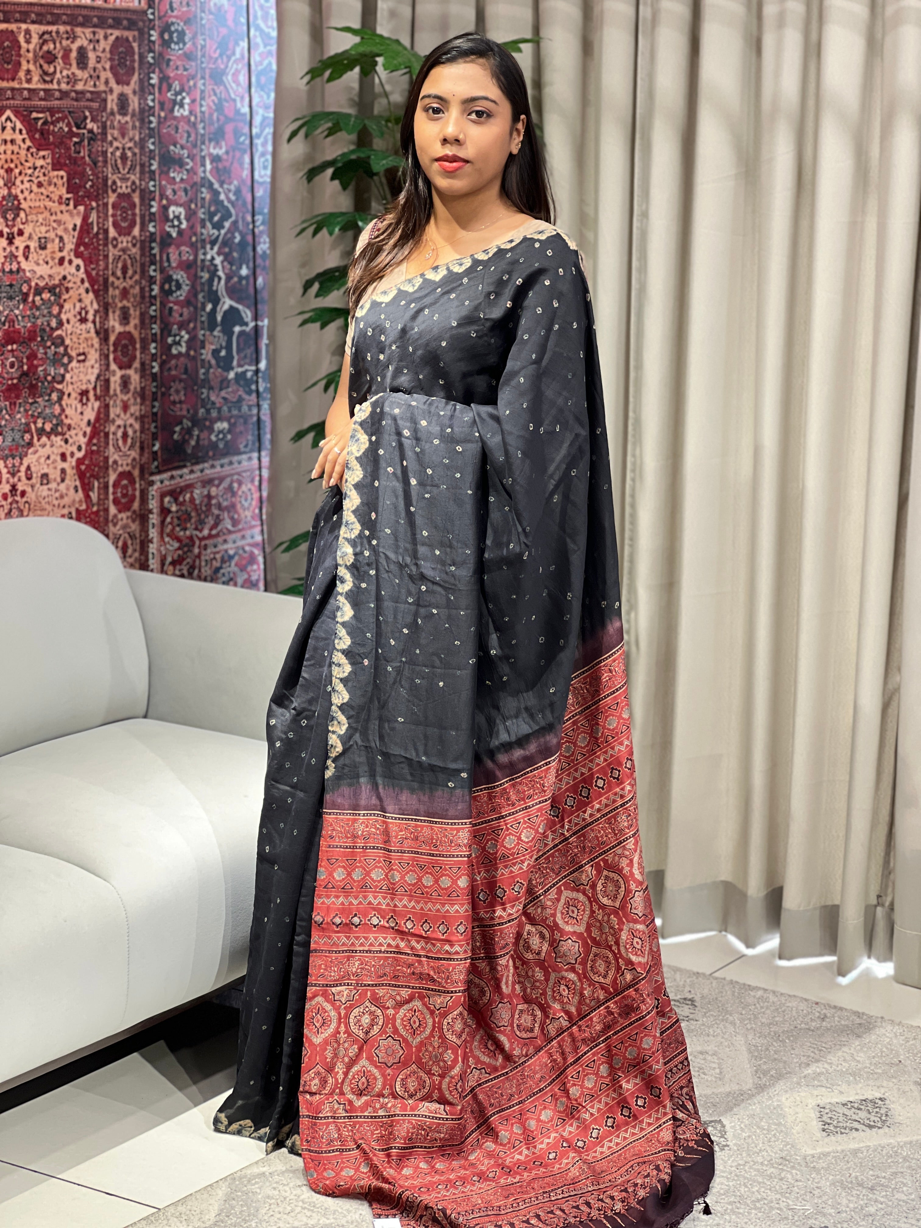 Bandhani & Ajrakh Detailed Pure Silk Saree | YNG755