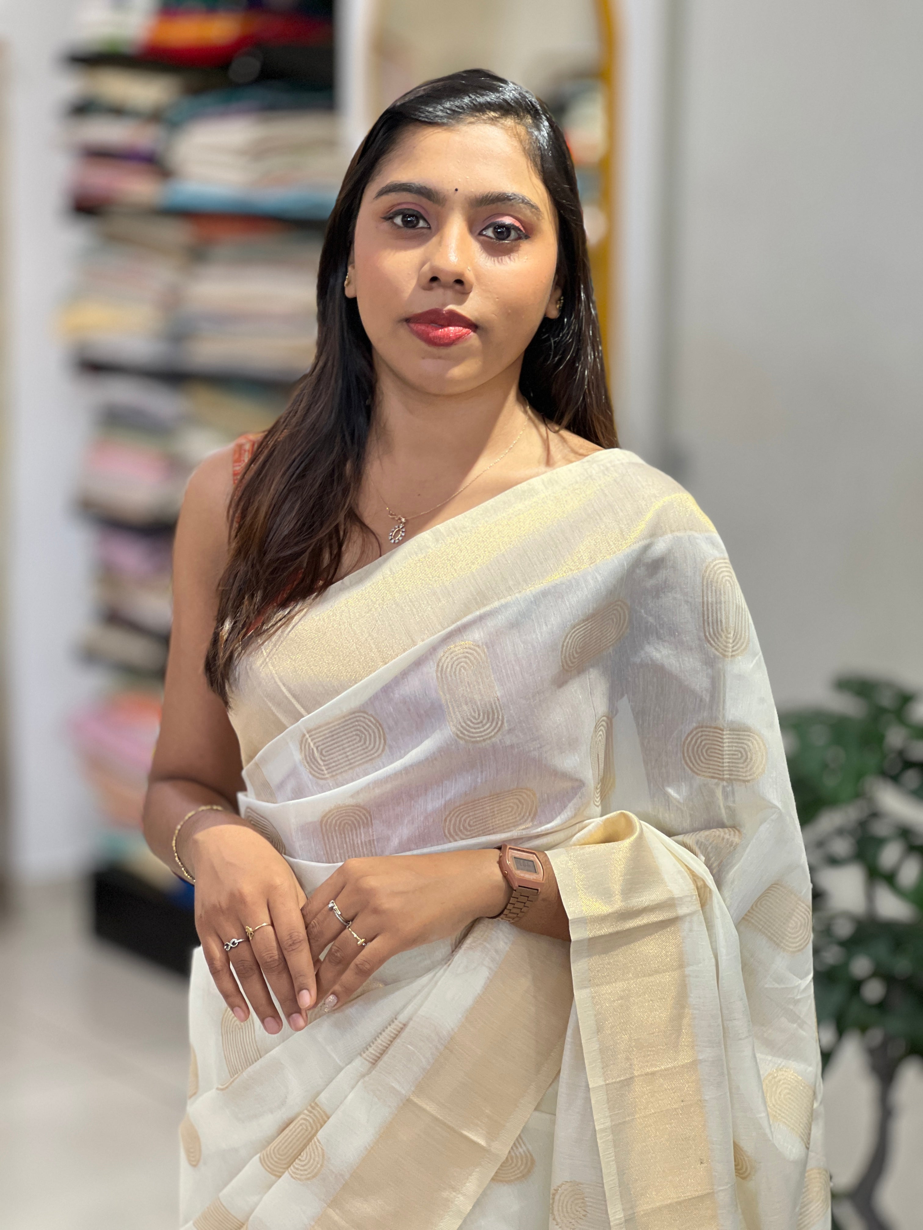 Golden Zari Geometric Weaved Chanderi Saree | HT234