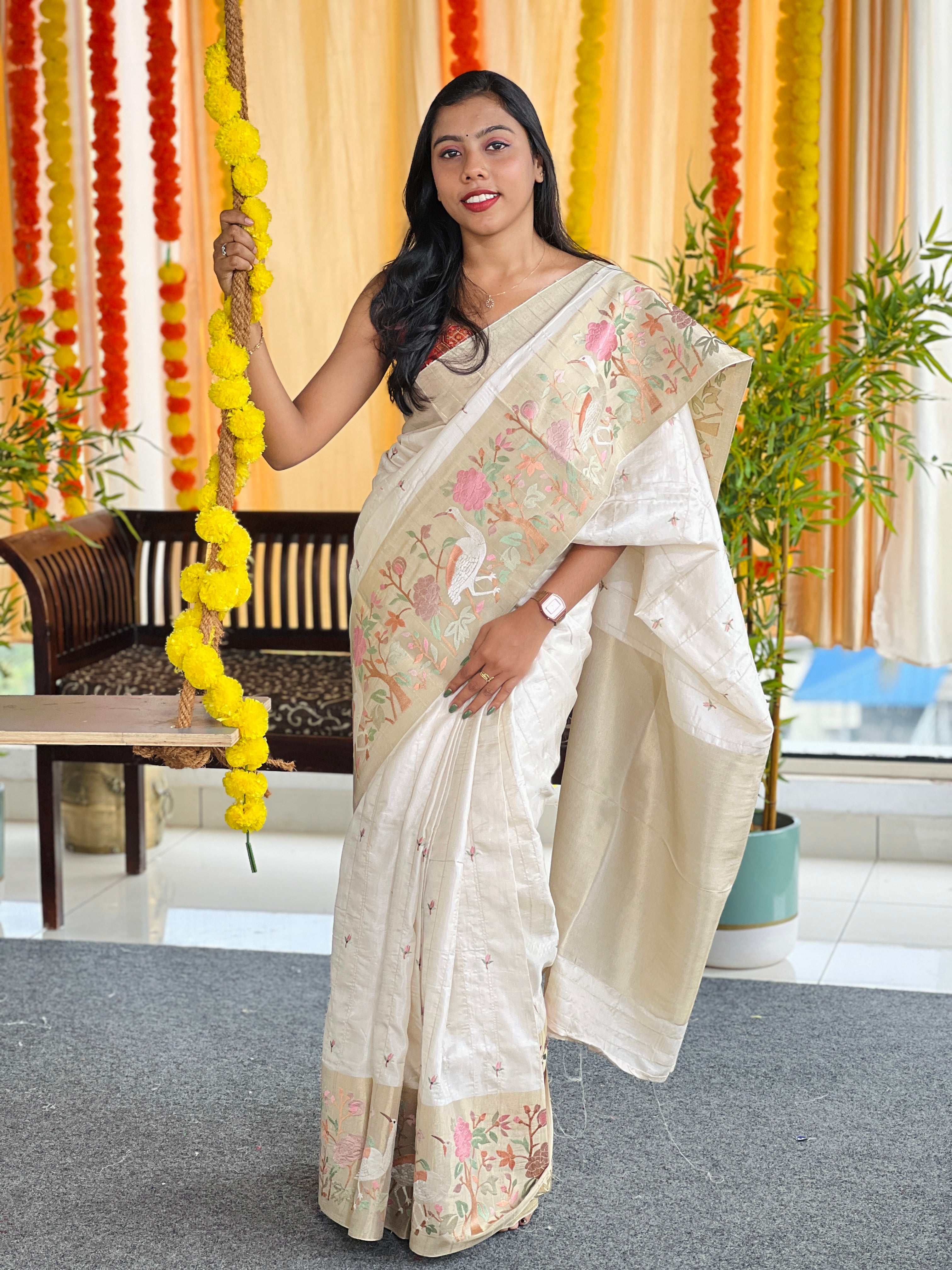 Machine Embroidered Tussar Finish Saree | GAR150