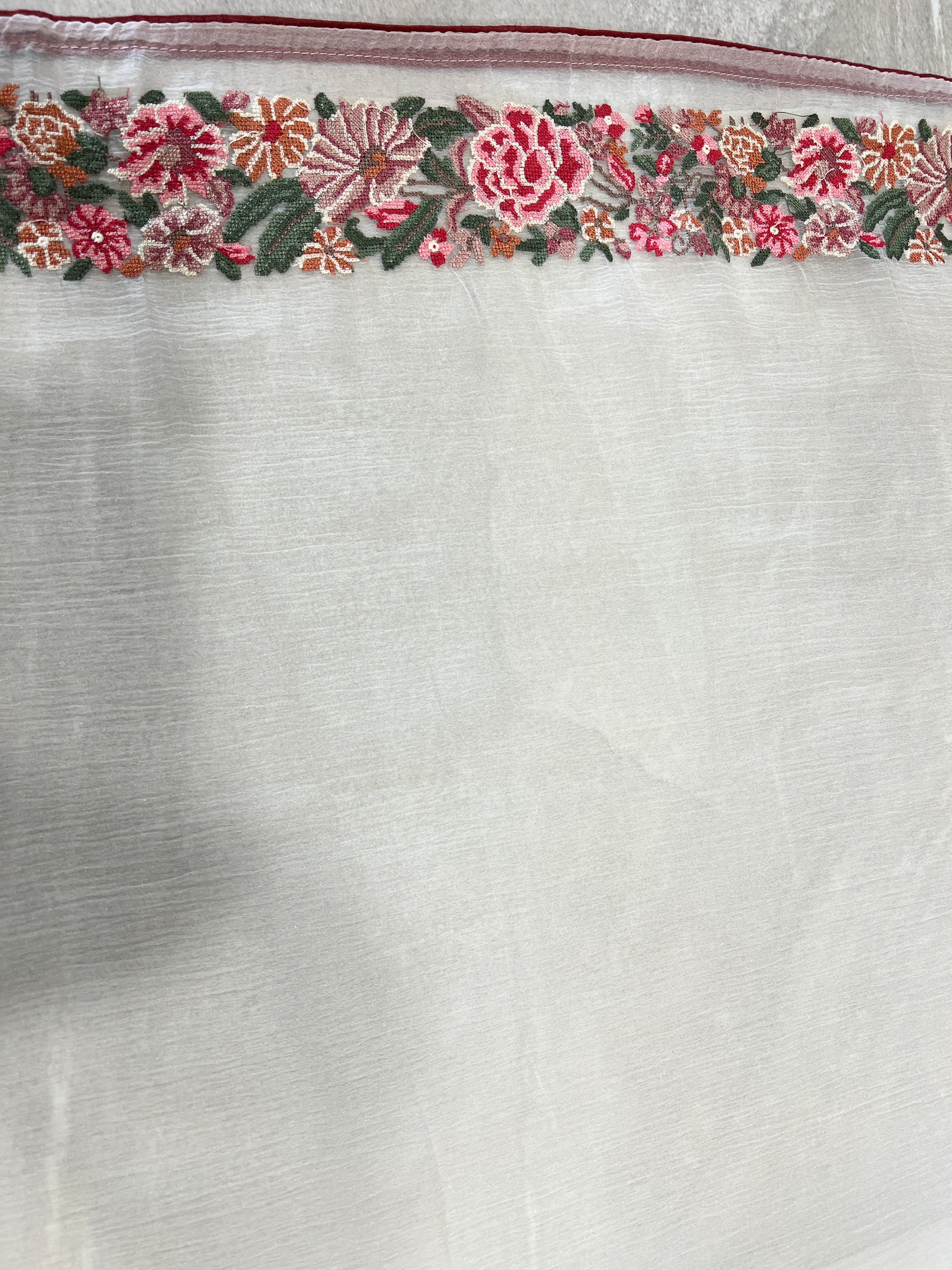 Floral Cross Stitch Embroidery Detailed Crushed Shimmer Organza Saree | SUN581