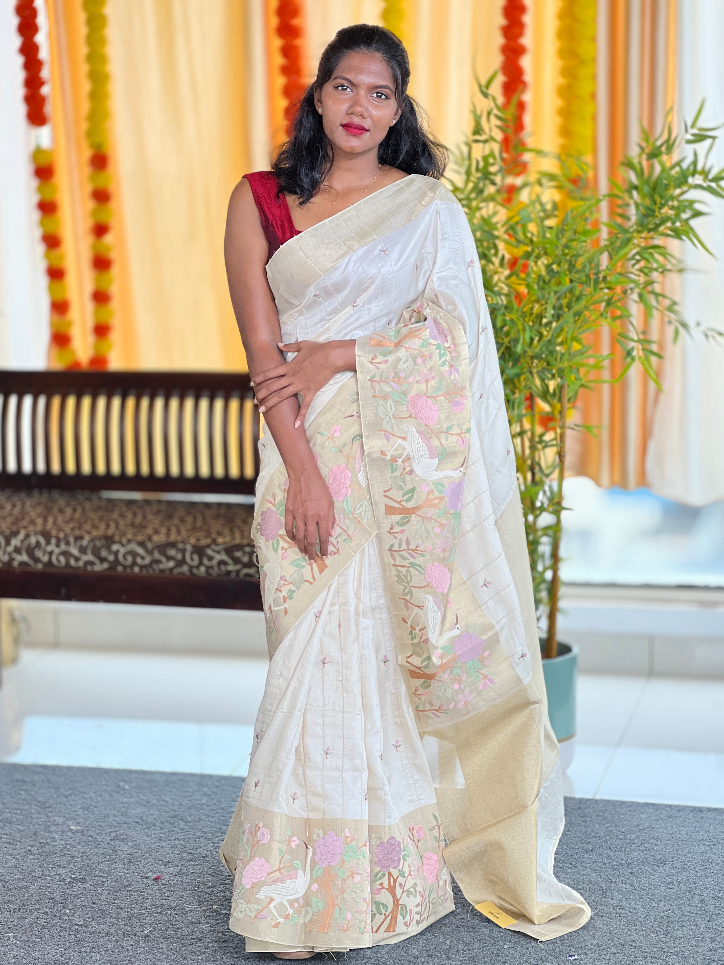 Machine Embroidered Tussar Finish Saree | GAR149