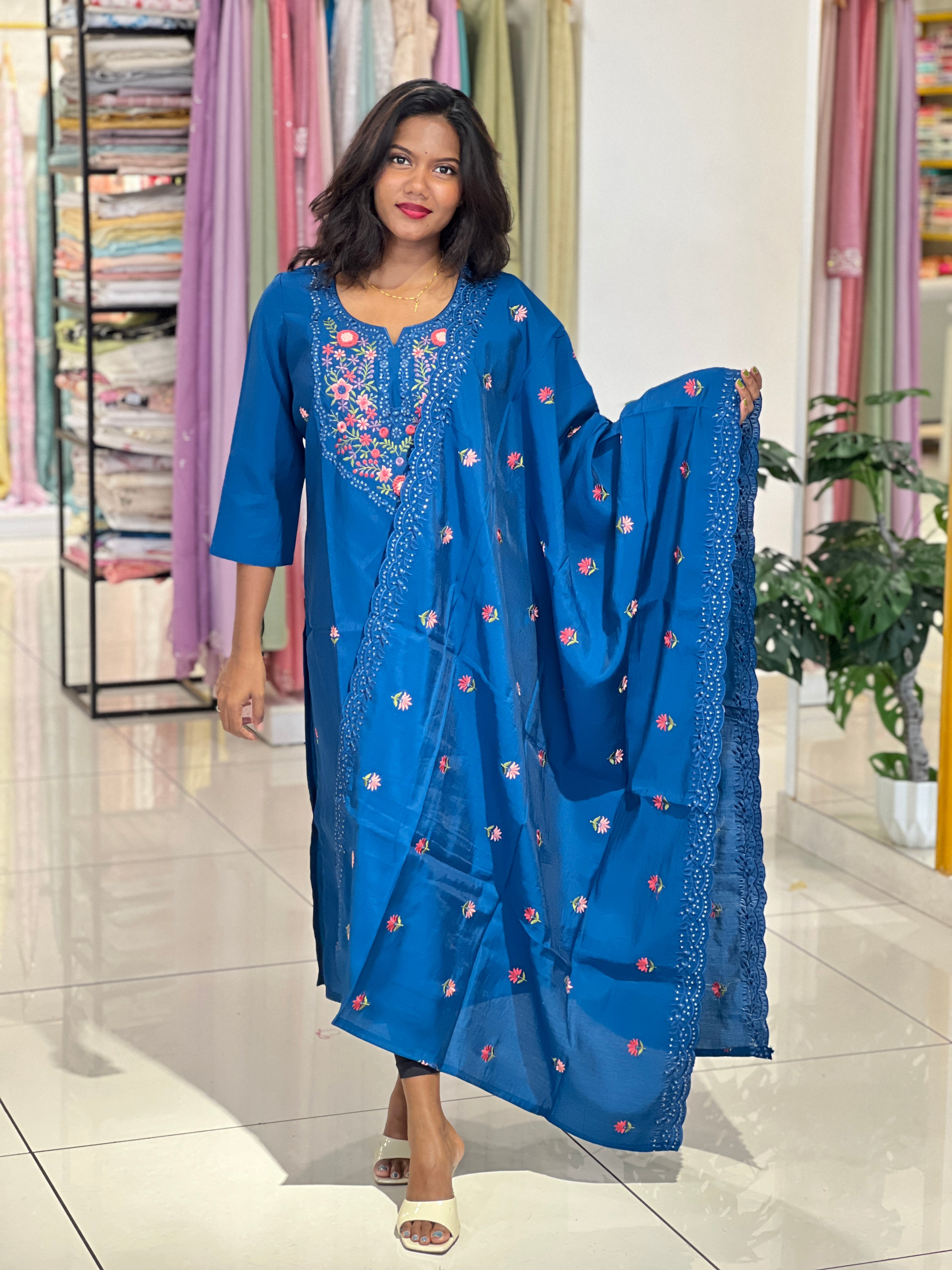 Machine Embroidery Semi Tussar Kurta Set | IHP145