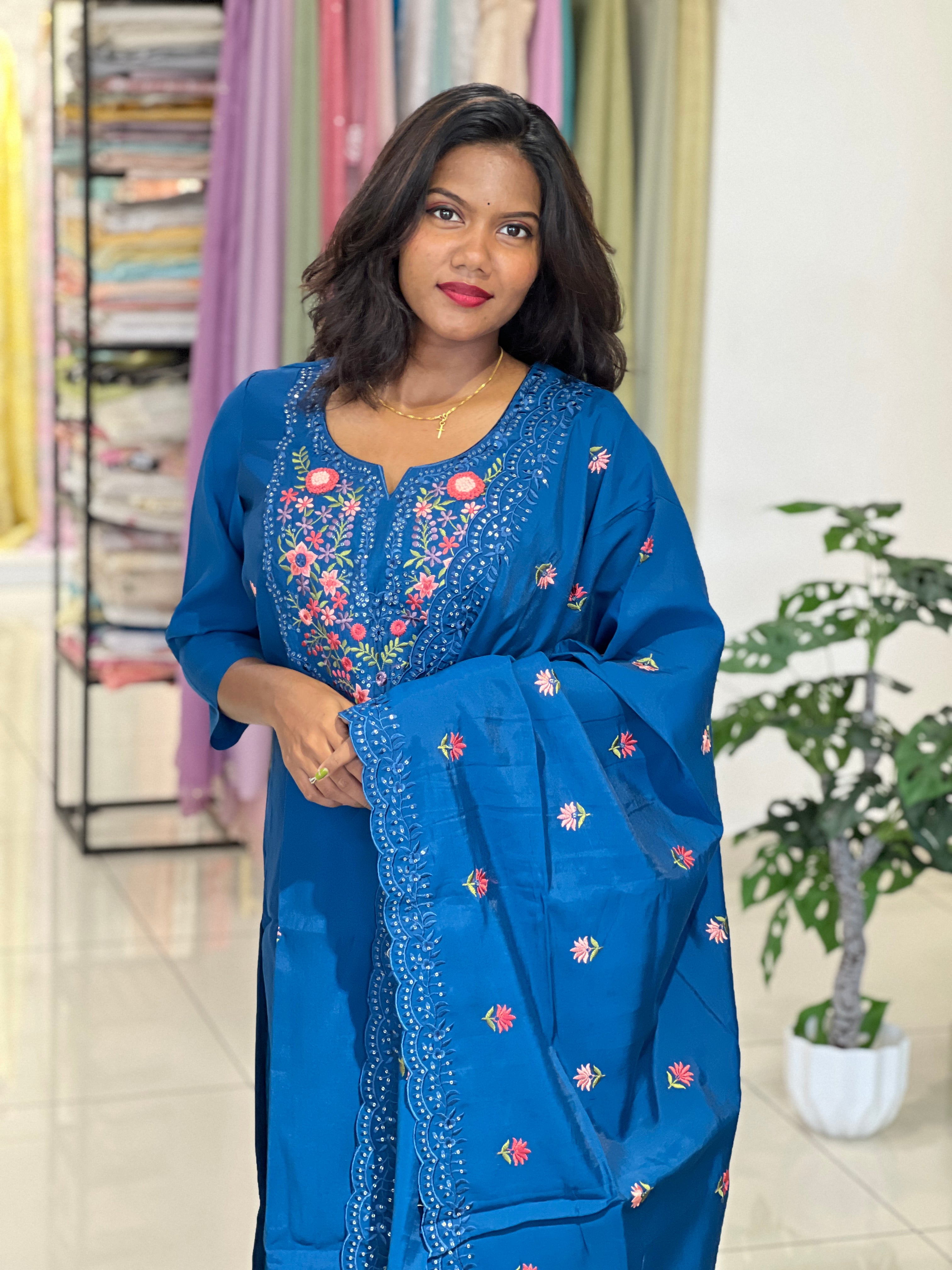 Machine Embroidery Semi Tussar Kurta Set | IHP145