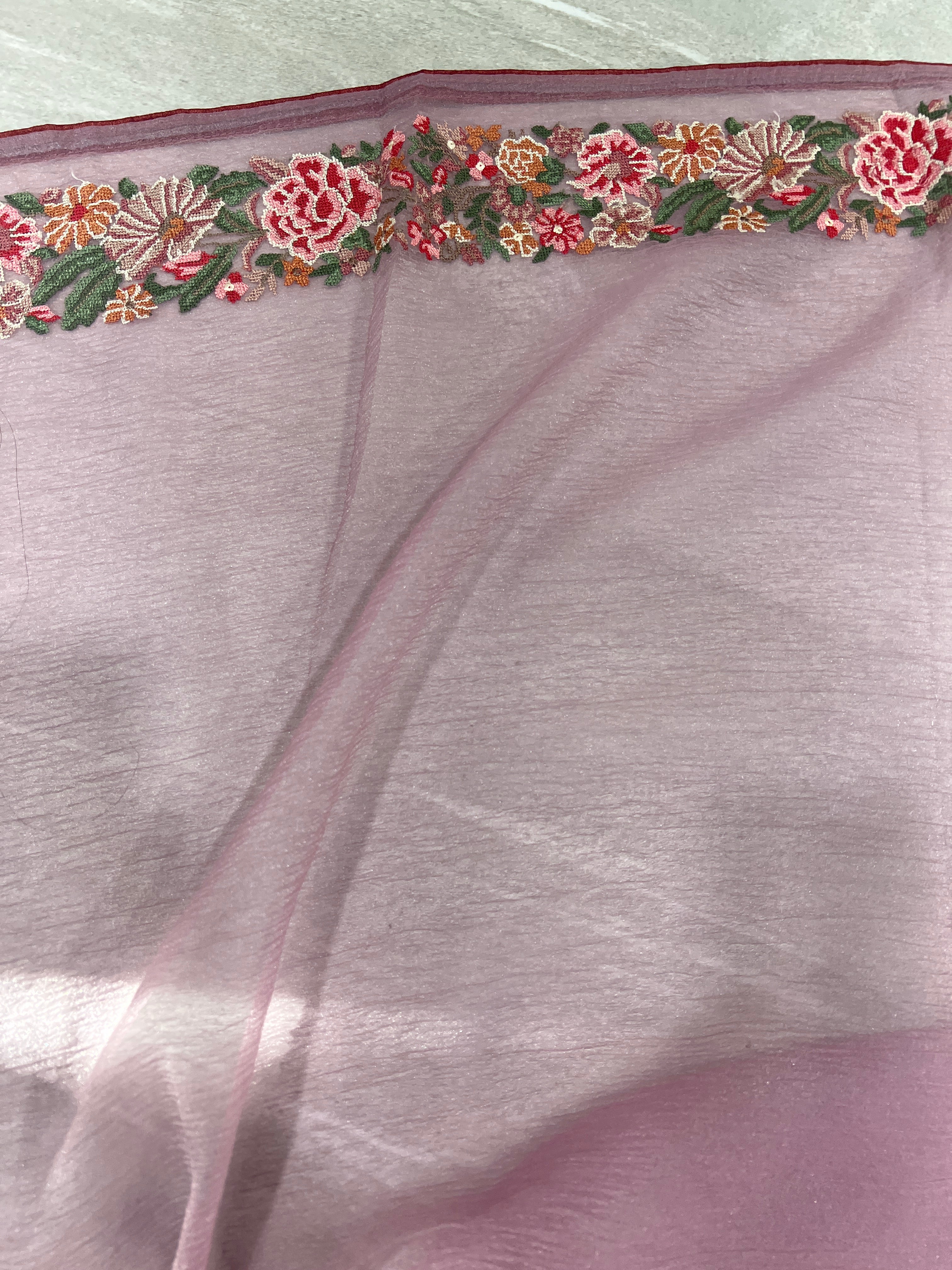 Floral Cross Stitch Embroidery Detailed Crushed Shimmer Organza Saree | SUN580