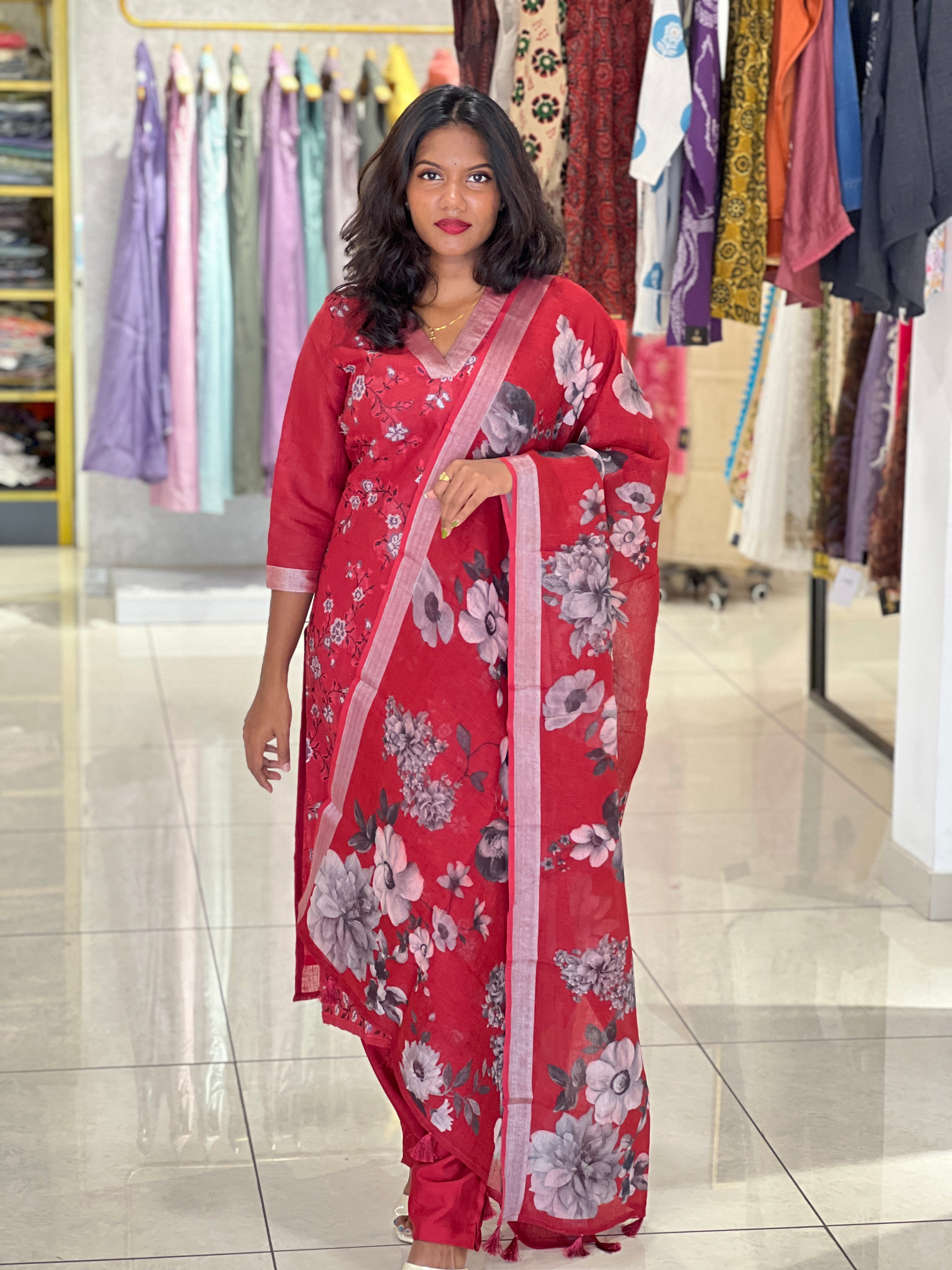 Machine Embroidery Linen Kurta Set | IHP137