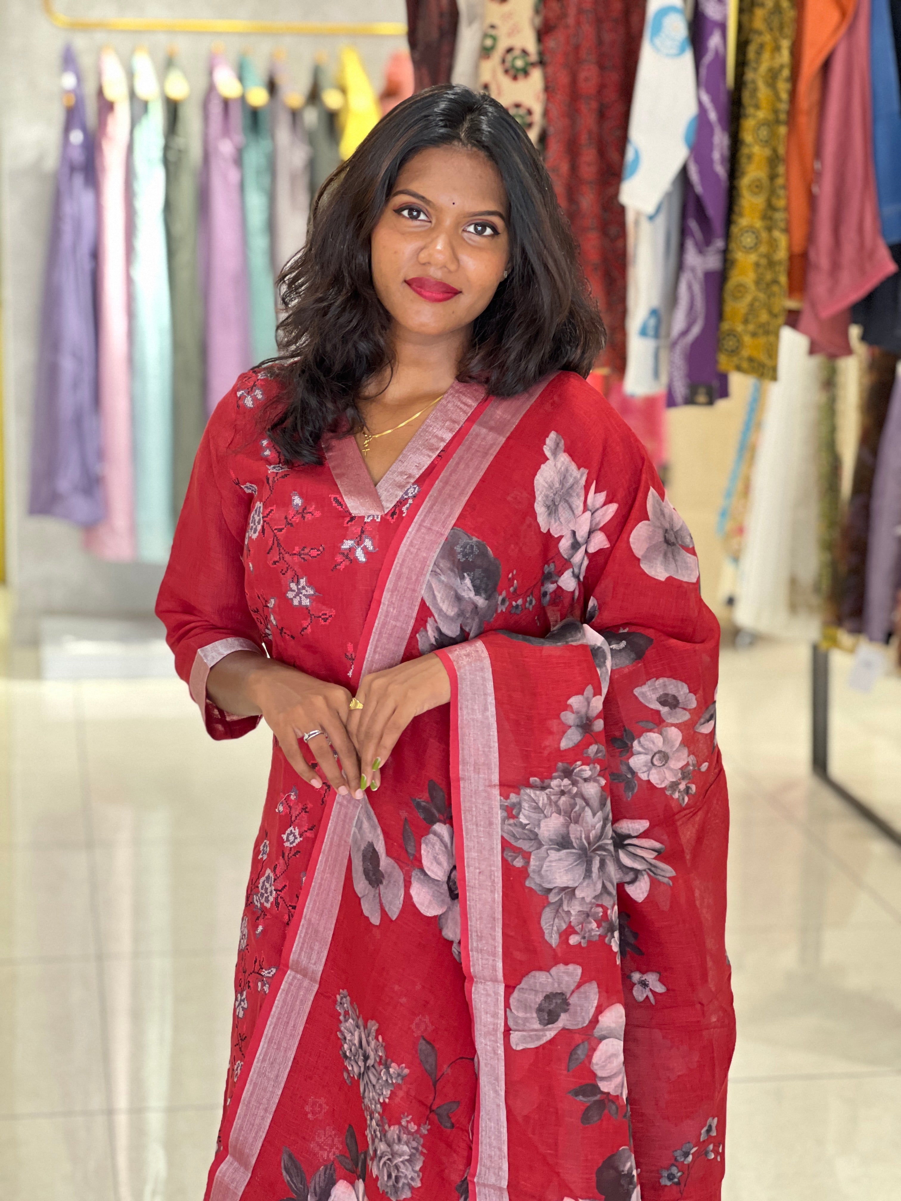 Machine Embroidery Linen Kurta Set | IHP137