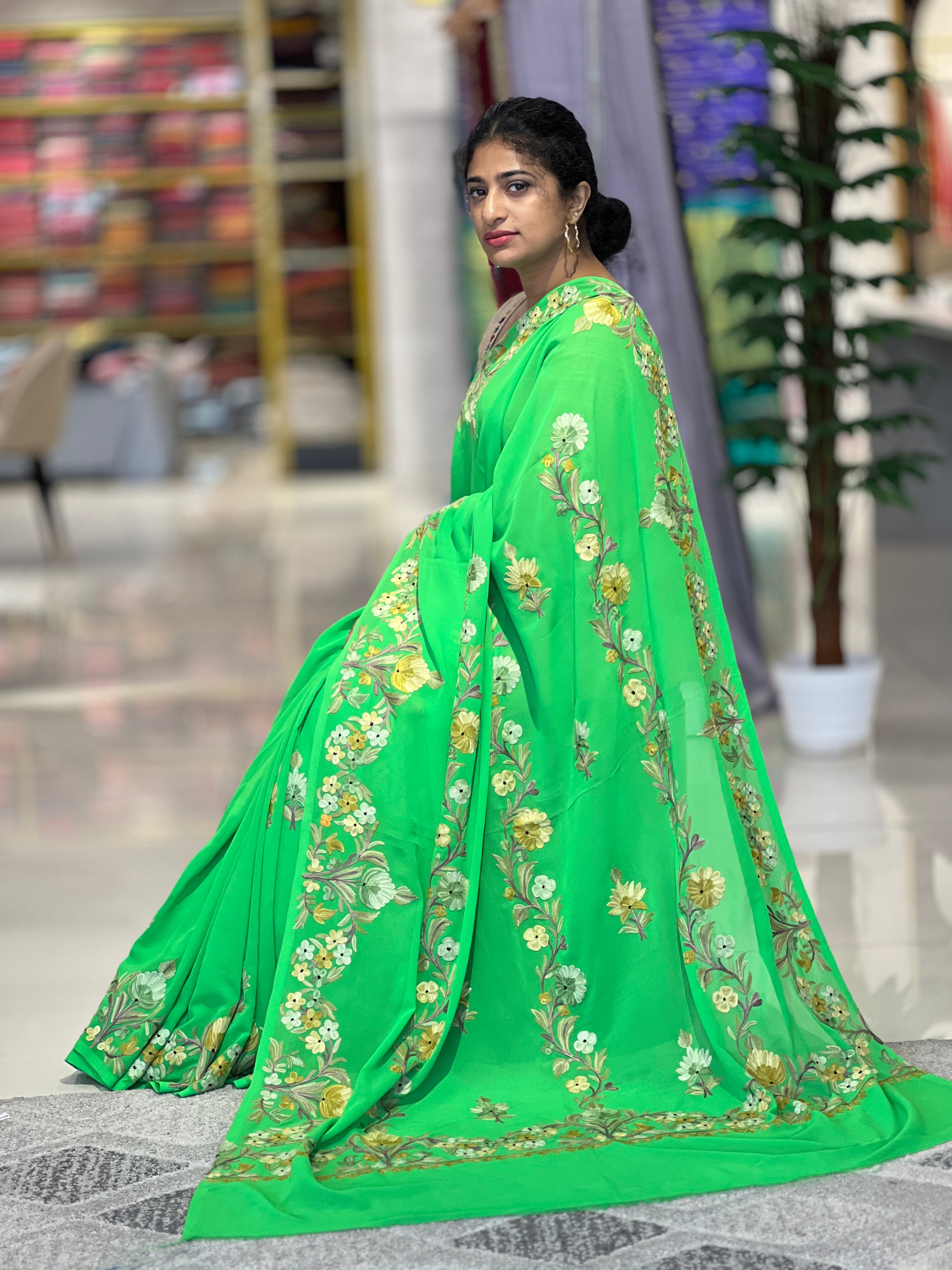 Kashida Inspired Machine Embroidery Georgette Saree  | HK253