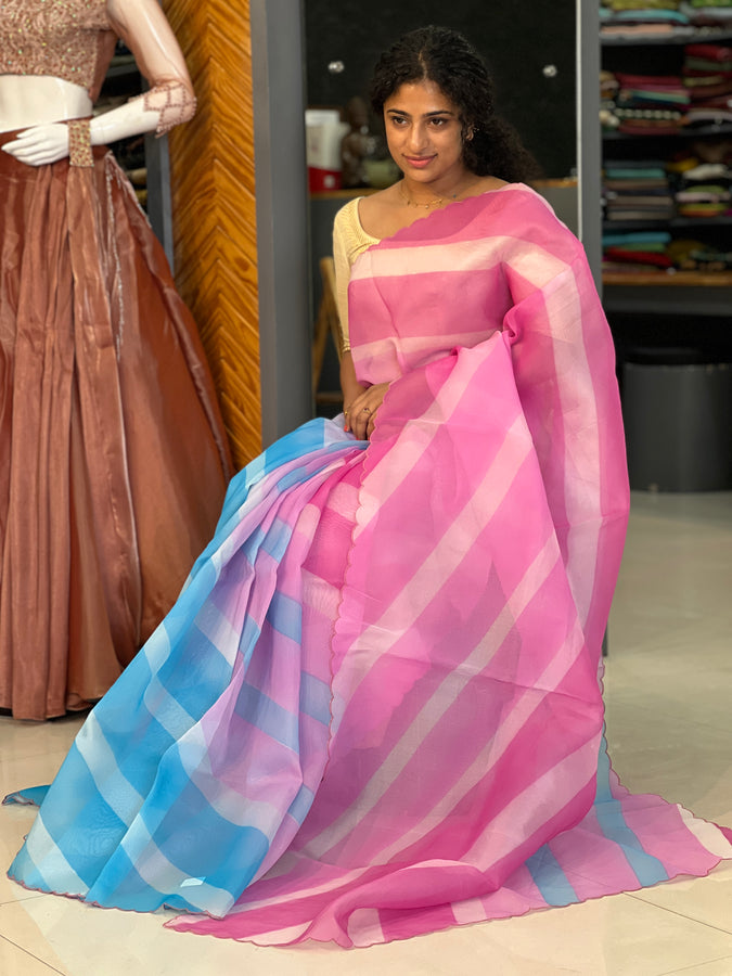 Blue & Pink Color Organza Saree | SBS810