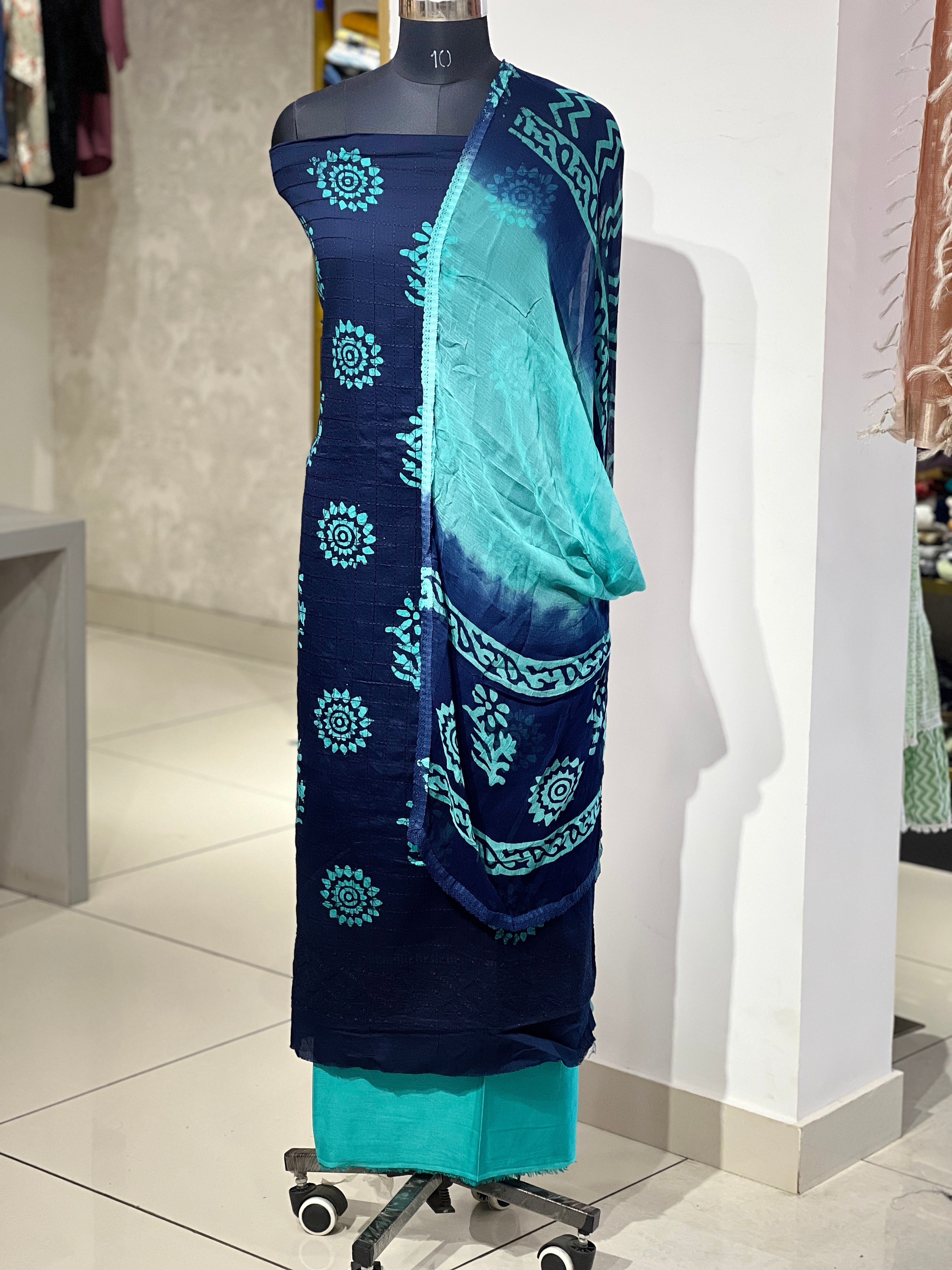 Check Pattern With Block Print Detailed Cotton Salwar Set | JT141