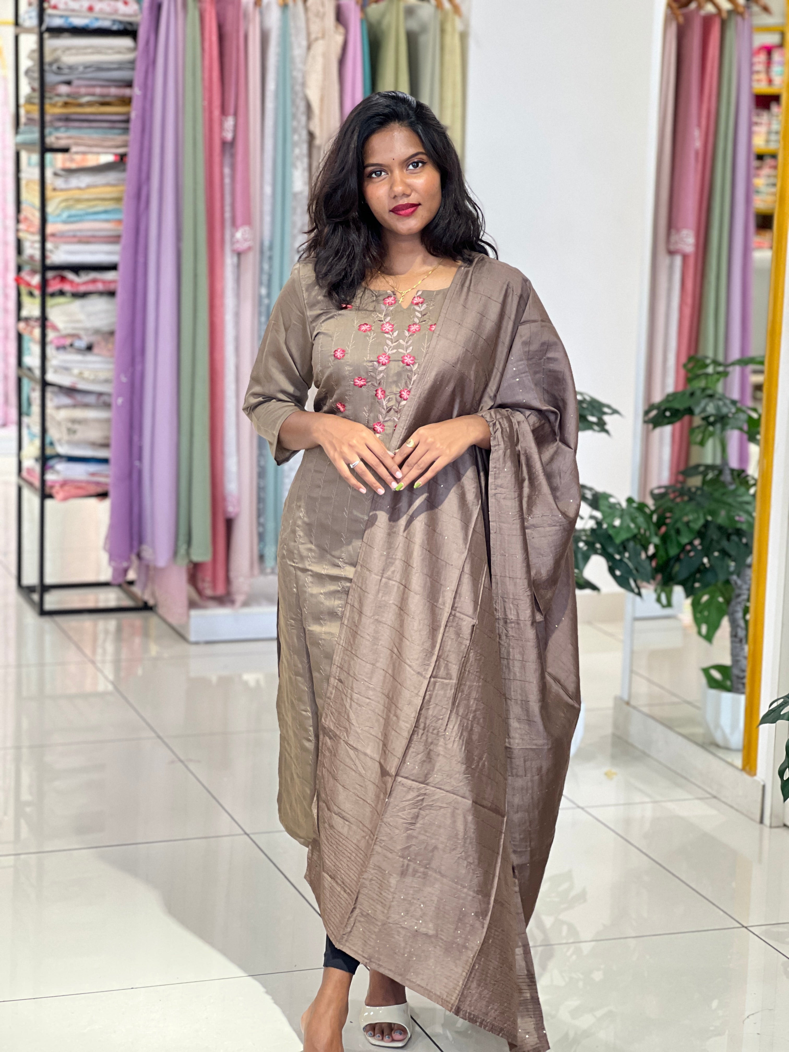 Machine Embroidery Semi Tussar Kurta Set |  IHP121