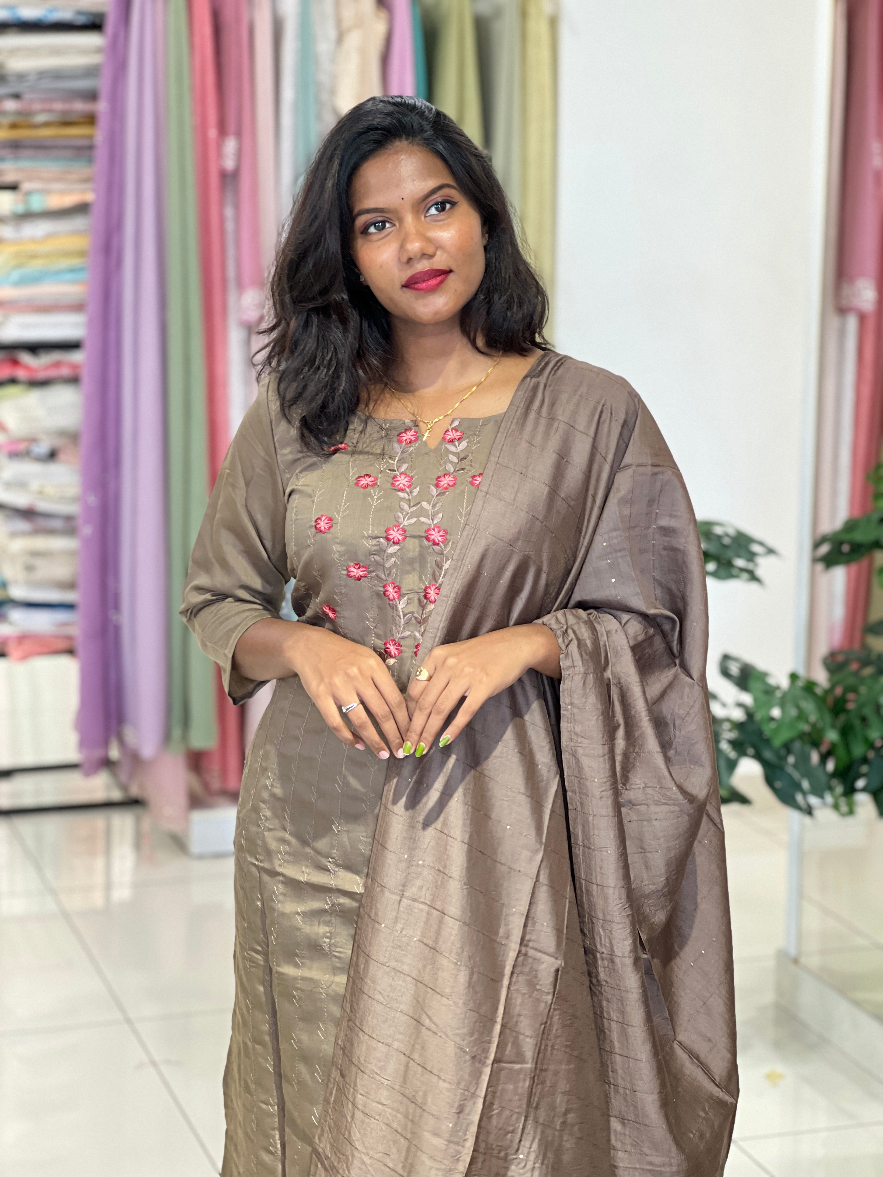 Machine Embroidery Semi Tussar Kurta Set |  IHP121