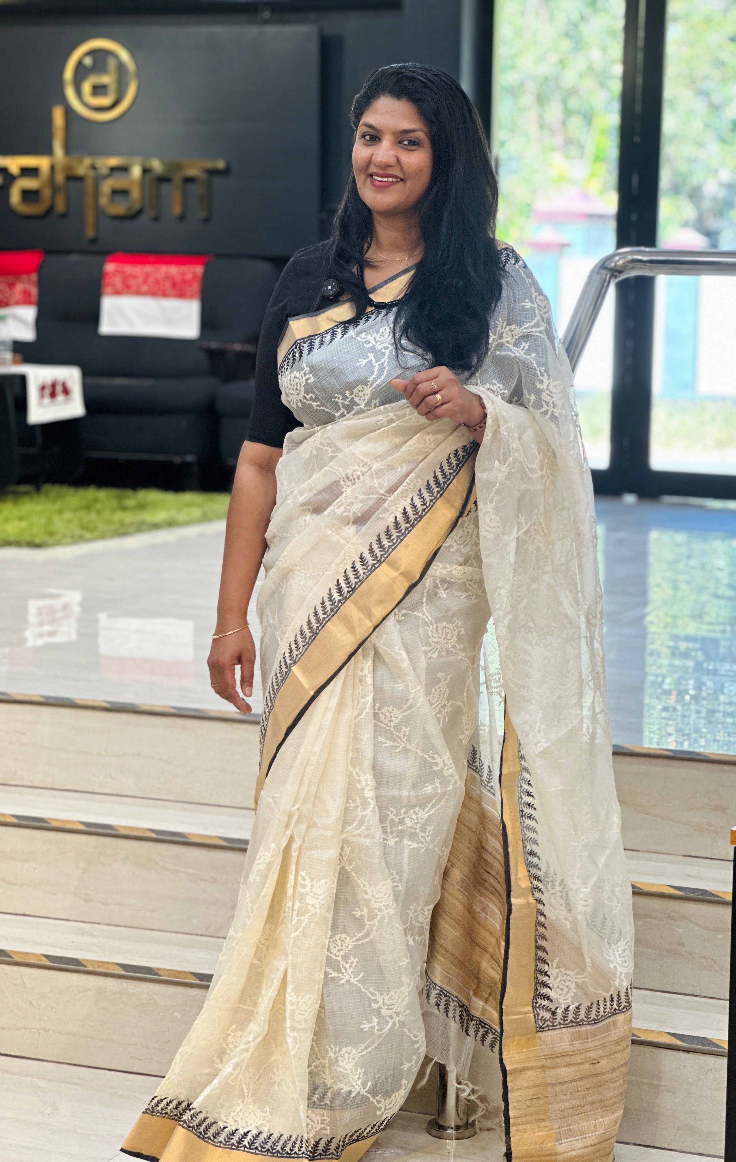 Cross Stitch & Block Print Detailed Silky Kota Saree | JSC560