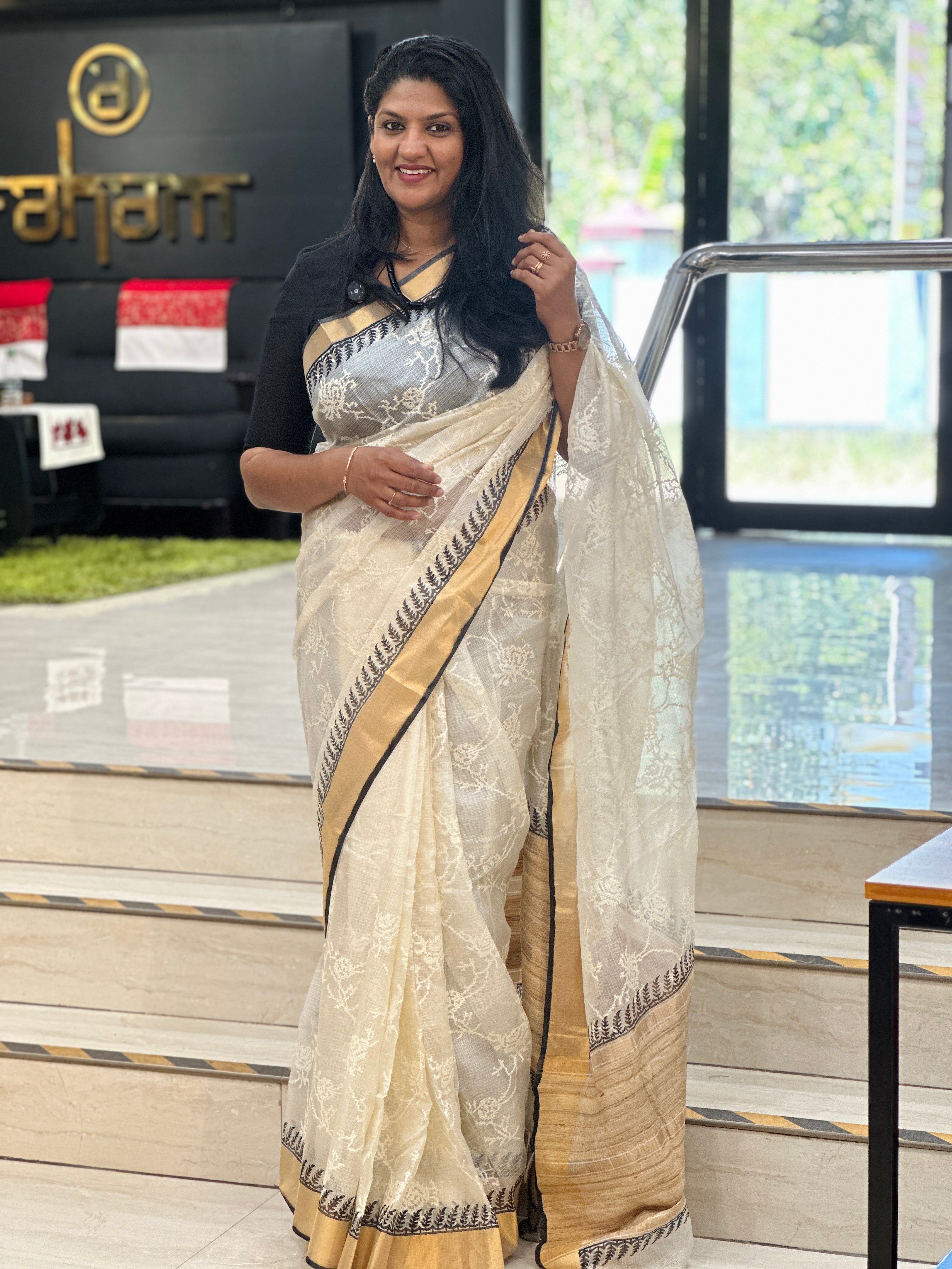 Cross Stitch & Block Print Detailed Silky Kota Saree | JSC560