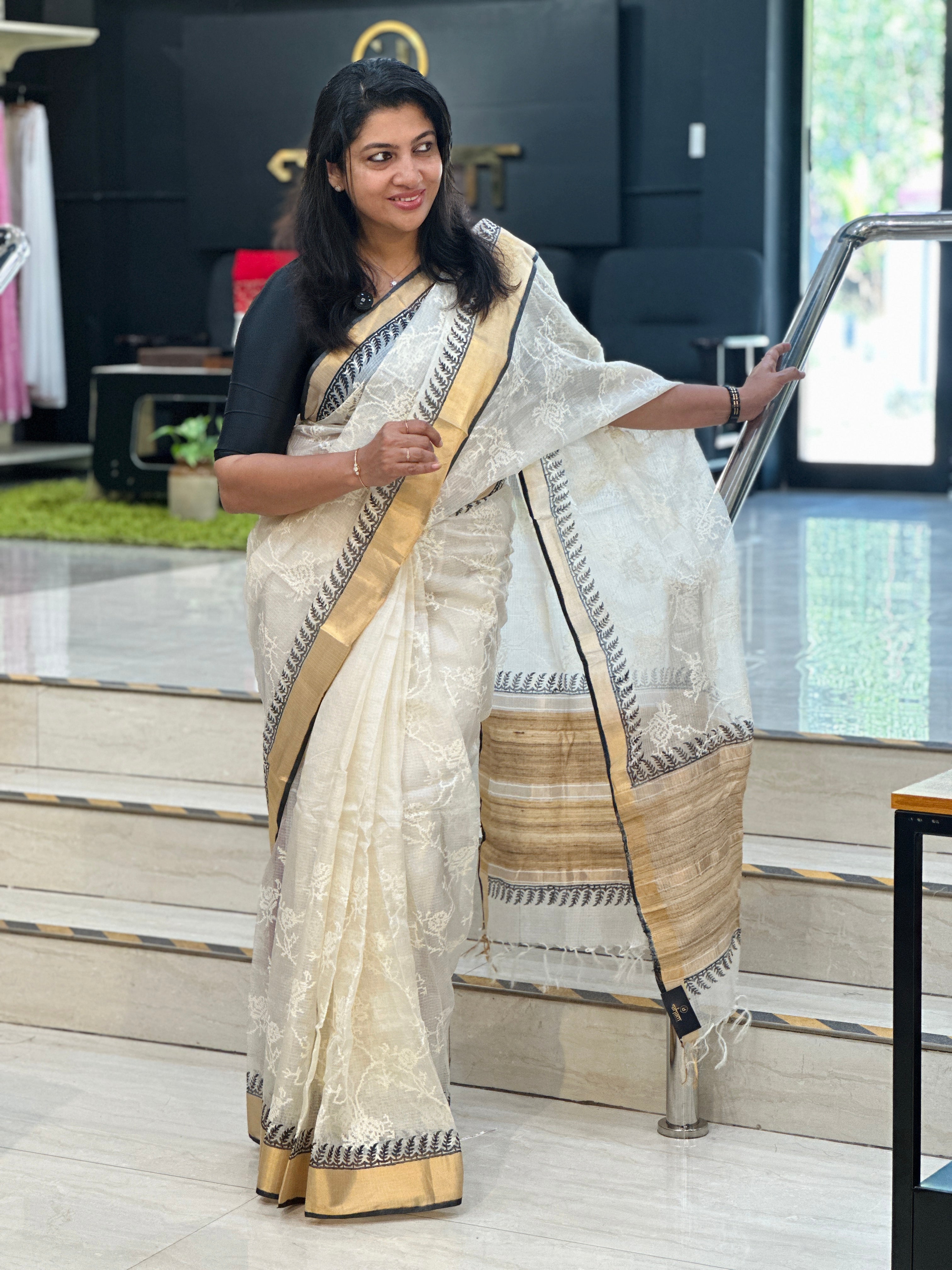 Cross Stitch & Block Print Detailed Silky Kota Saree | JSC560