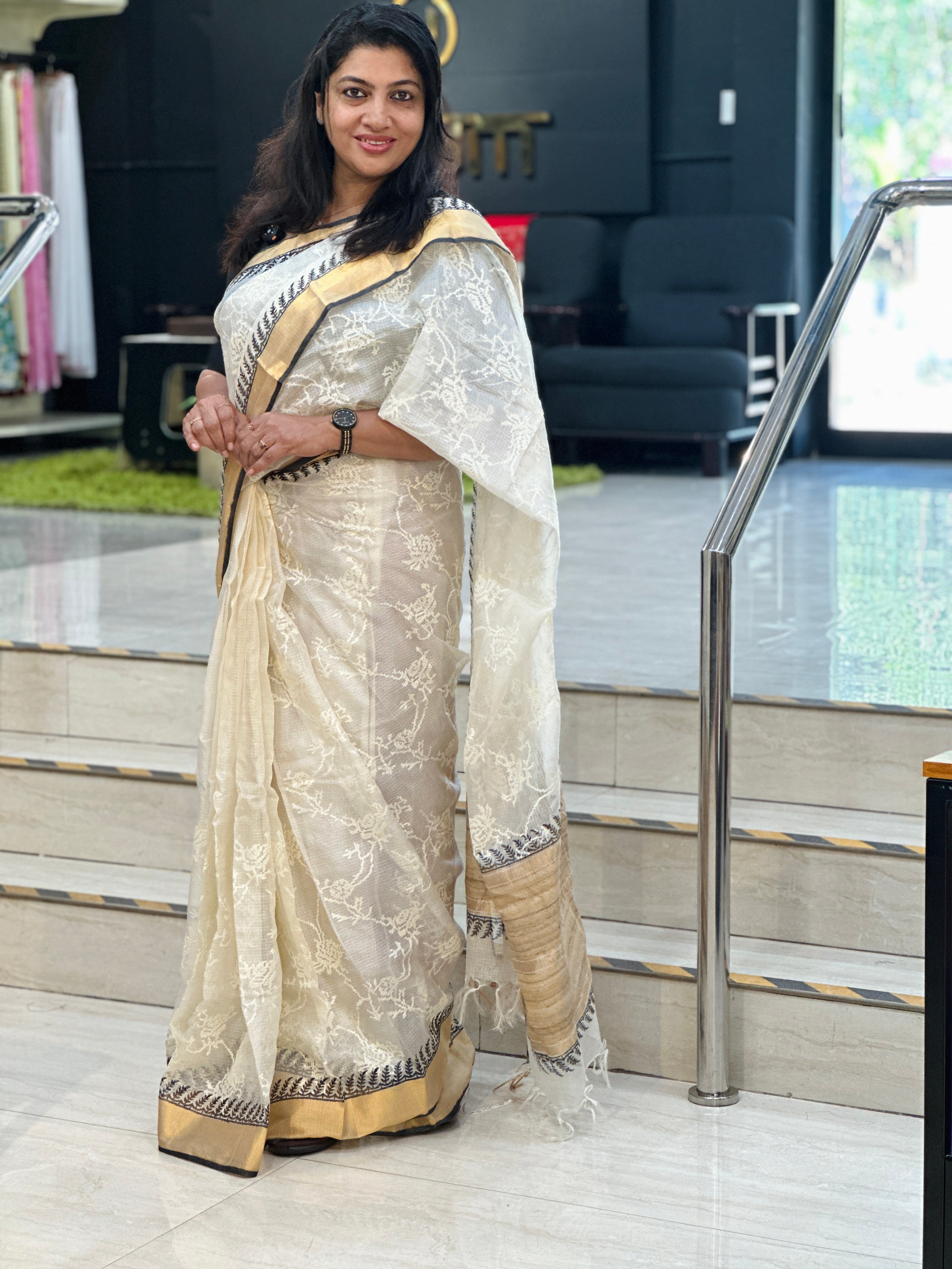 Cross Stitch & Block Print Detailed Silky Kota Saree | JSC560