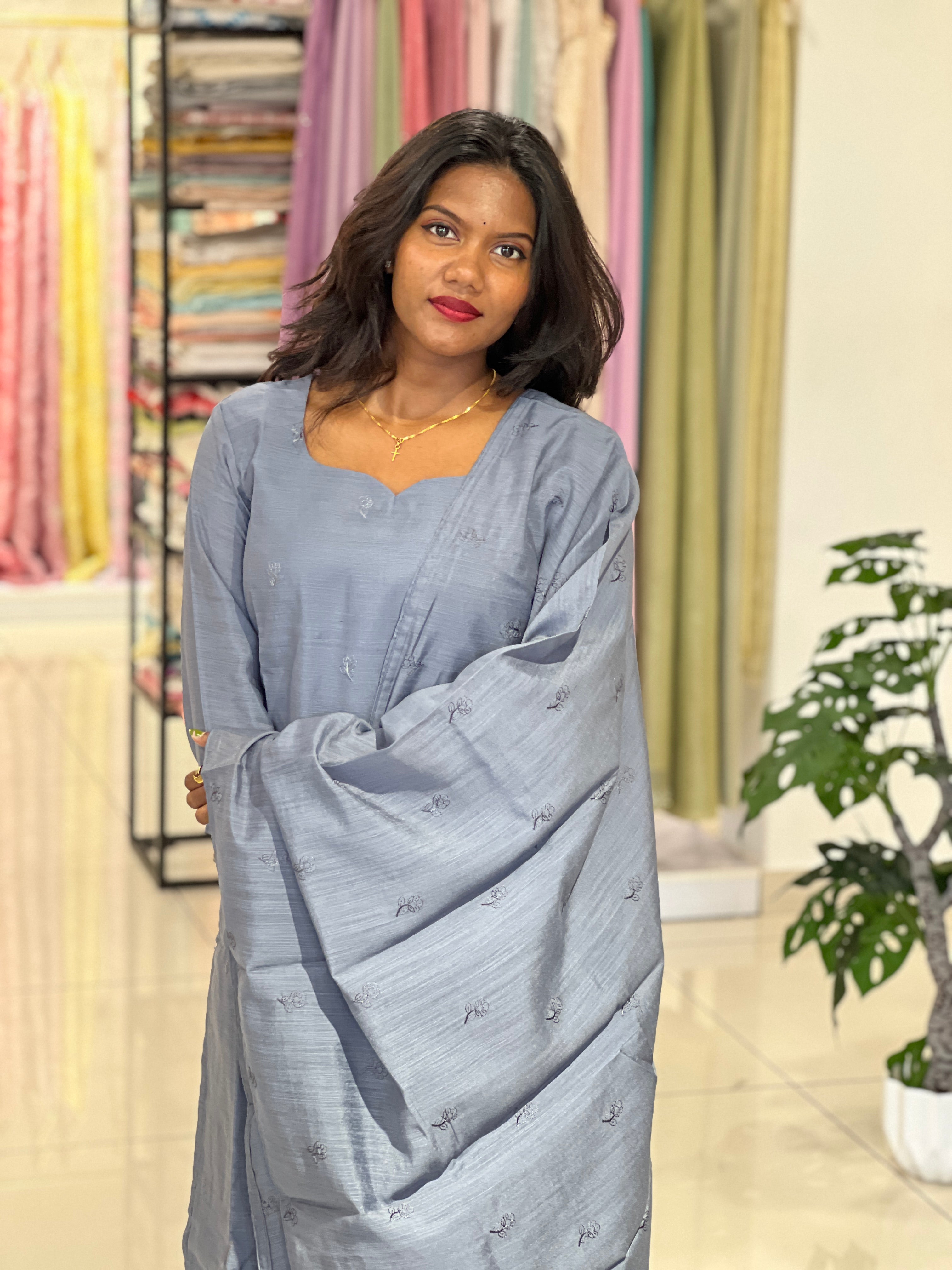 Machine Embroidery Semi Tussar Kurta Set | IHP144