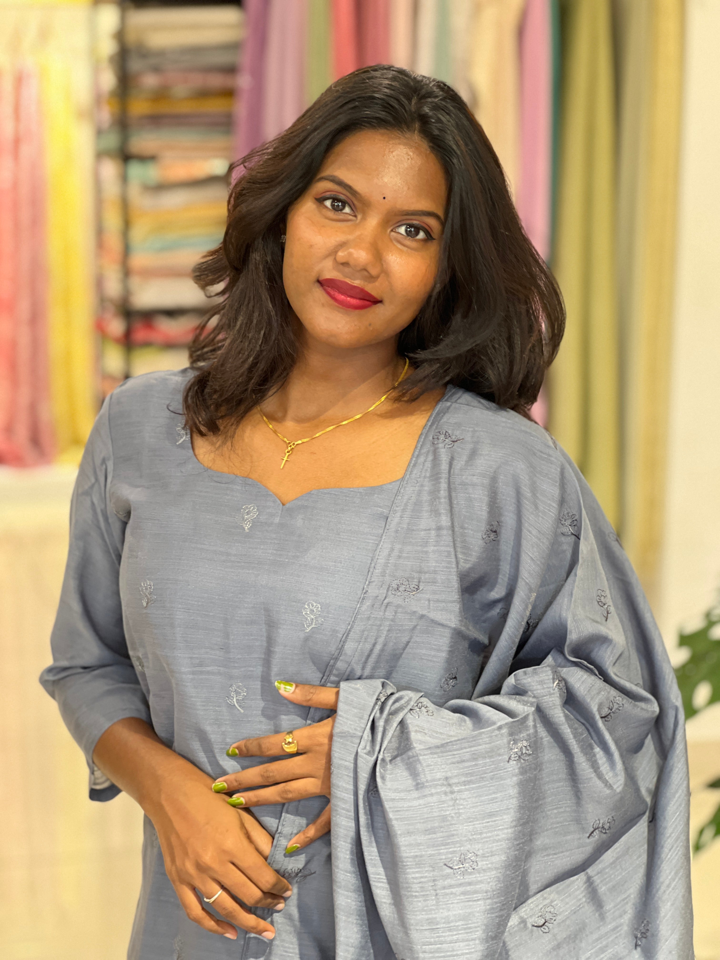 Machine Embroidery Semi Tussar Kurta Set | IHP144