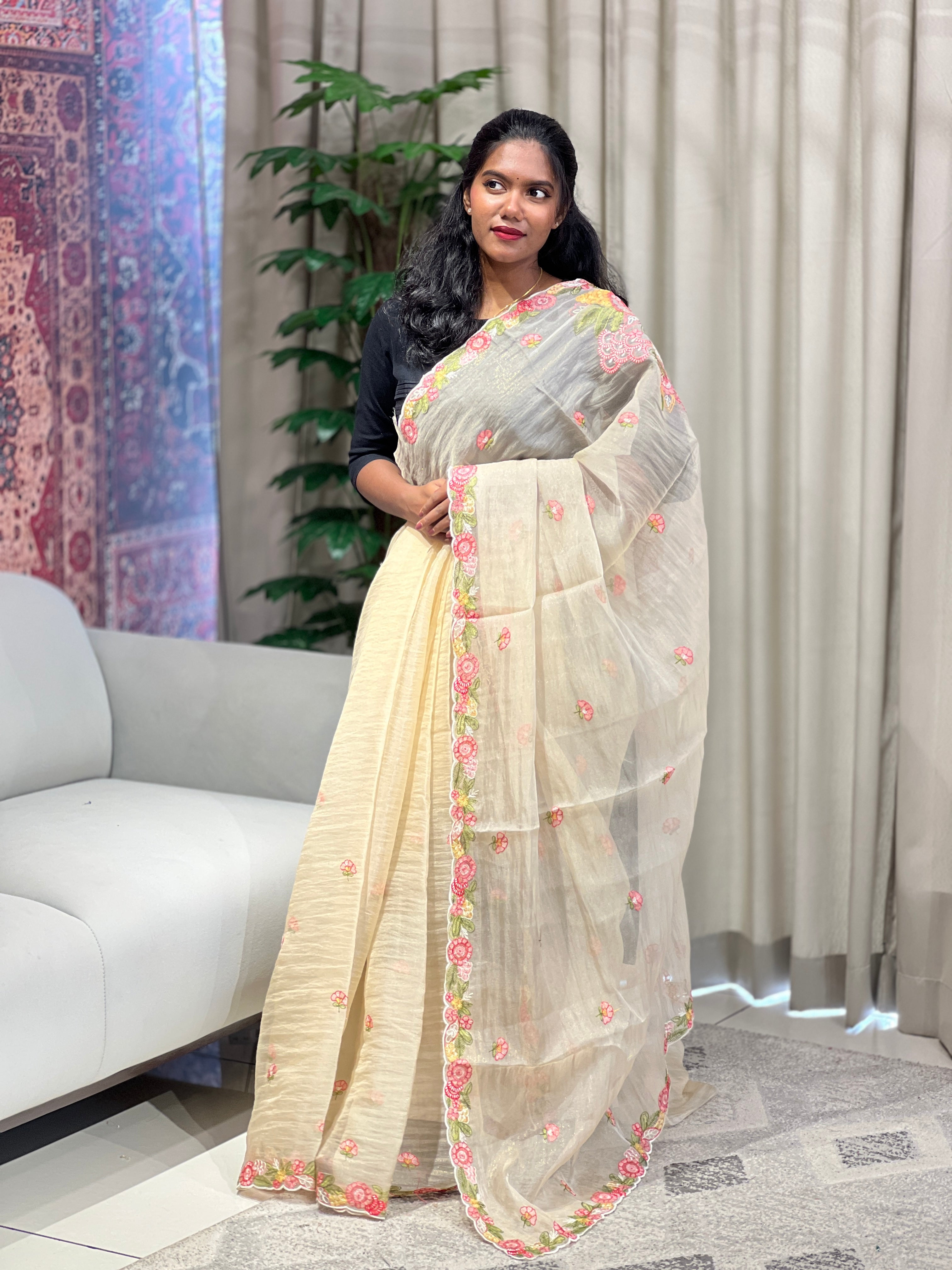 Floral Machine Embroidery Detailed Shimmer Organza Saree | BLD1807