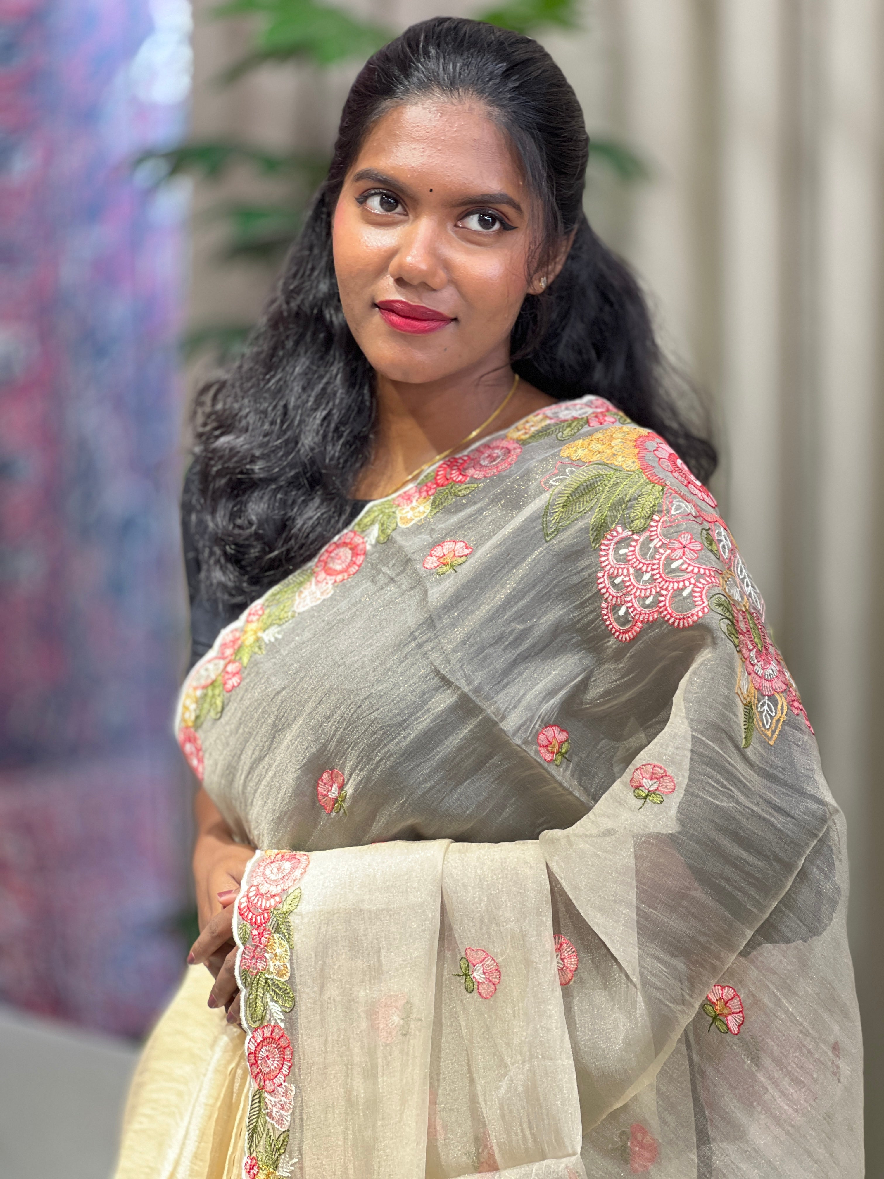 Floral Machine Embroidery Detailed Shimmer Organza Saree | BLD1807