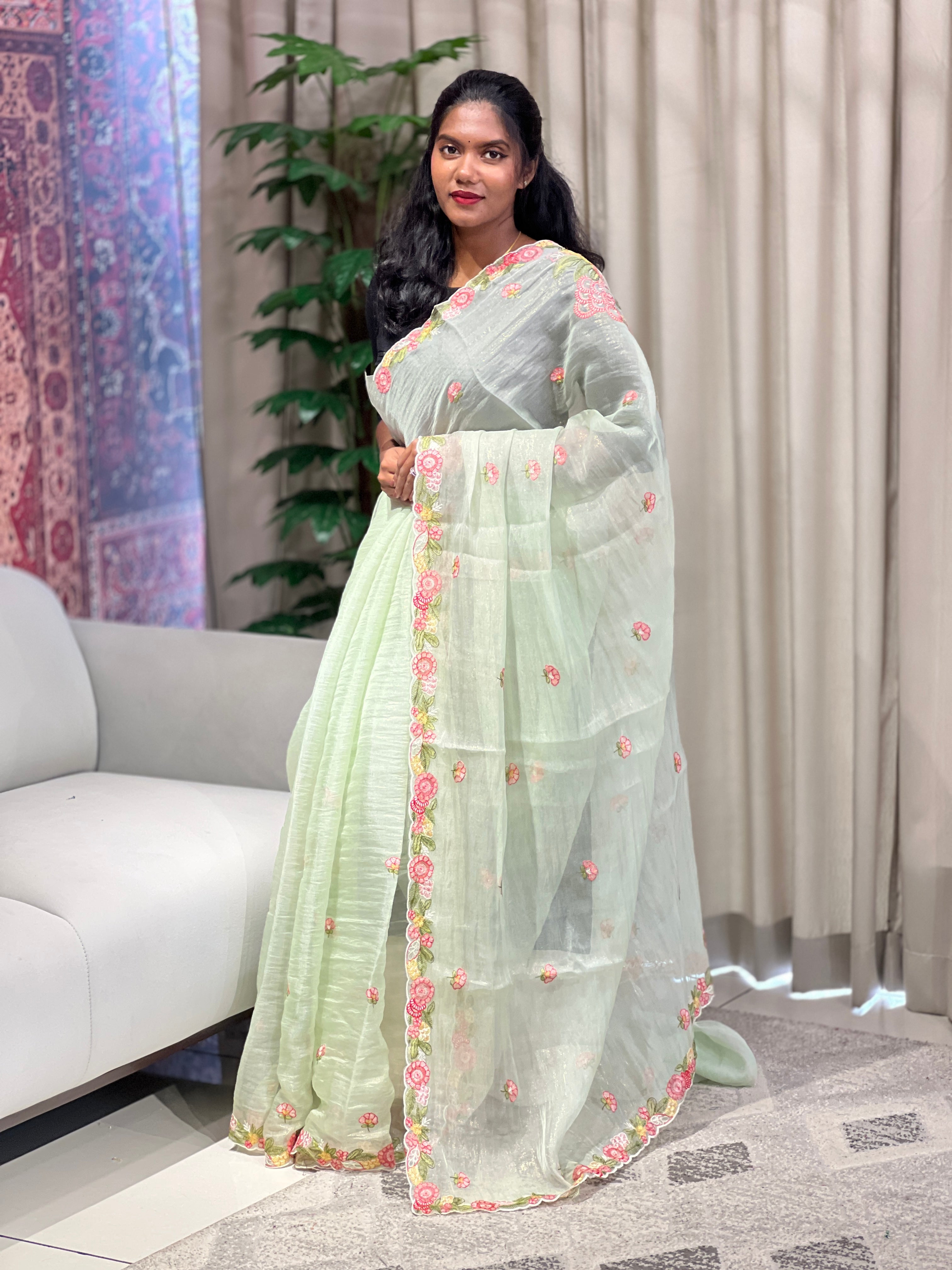 Floral Machine Embroidery Detailed Shimmer Organza Saree | BLD1808