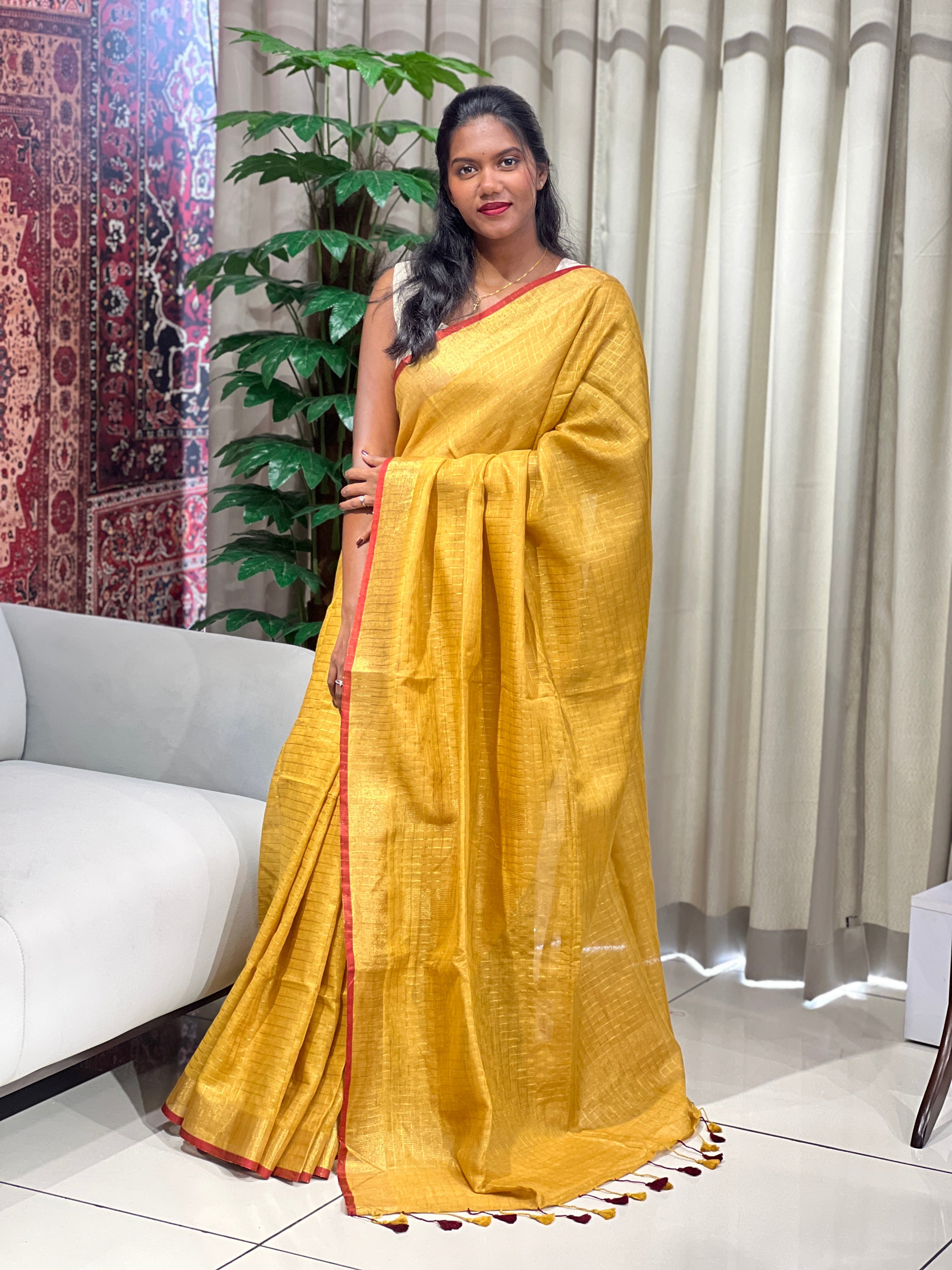 Check Weaved Semi Linen Saree | EVA105