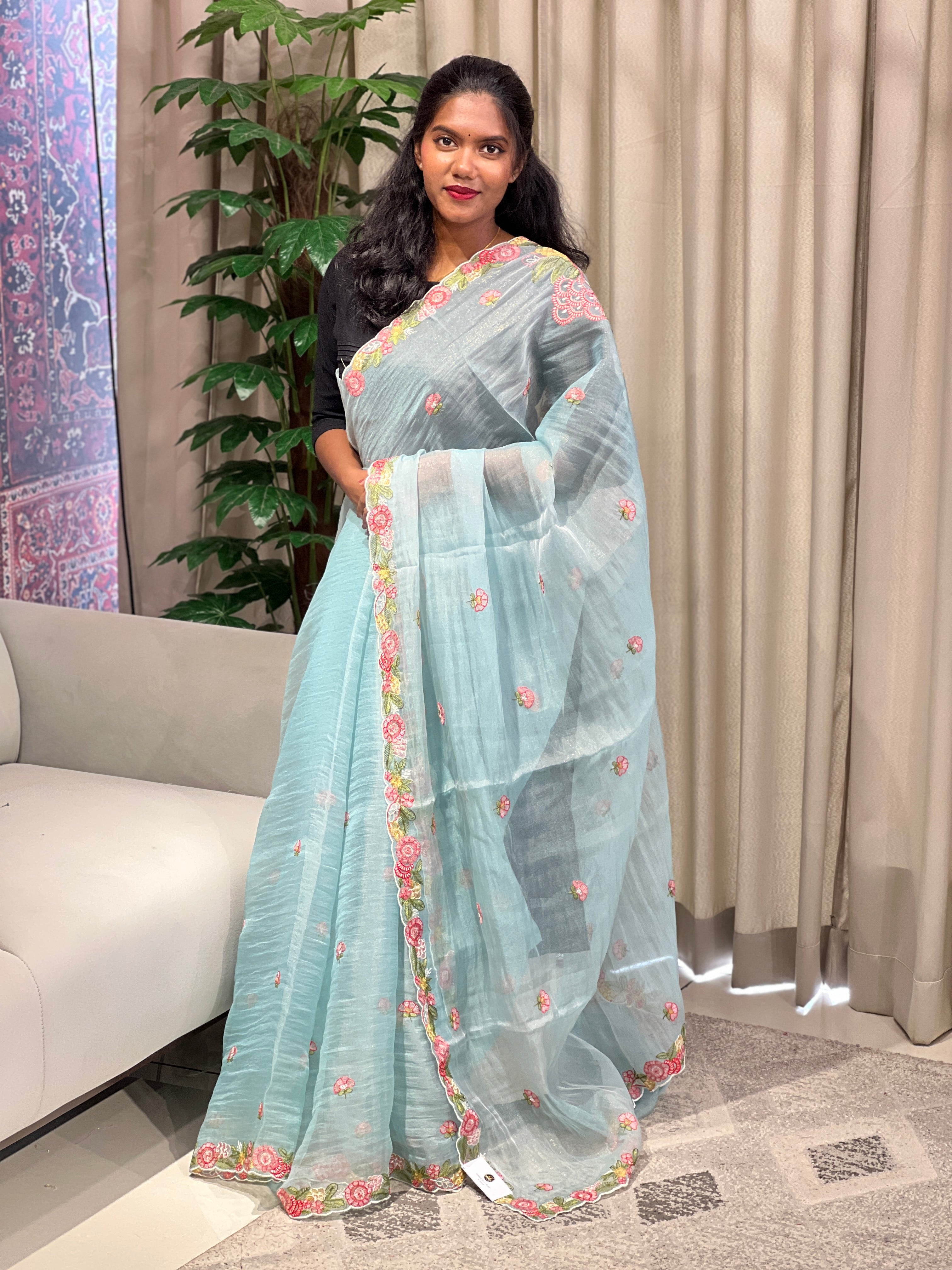 Floral Machine Embroidery Detailed Shimmer Organza Saree | BLD1805