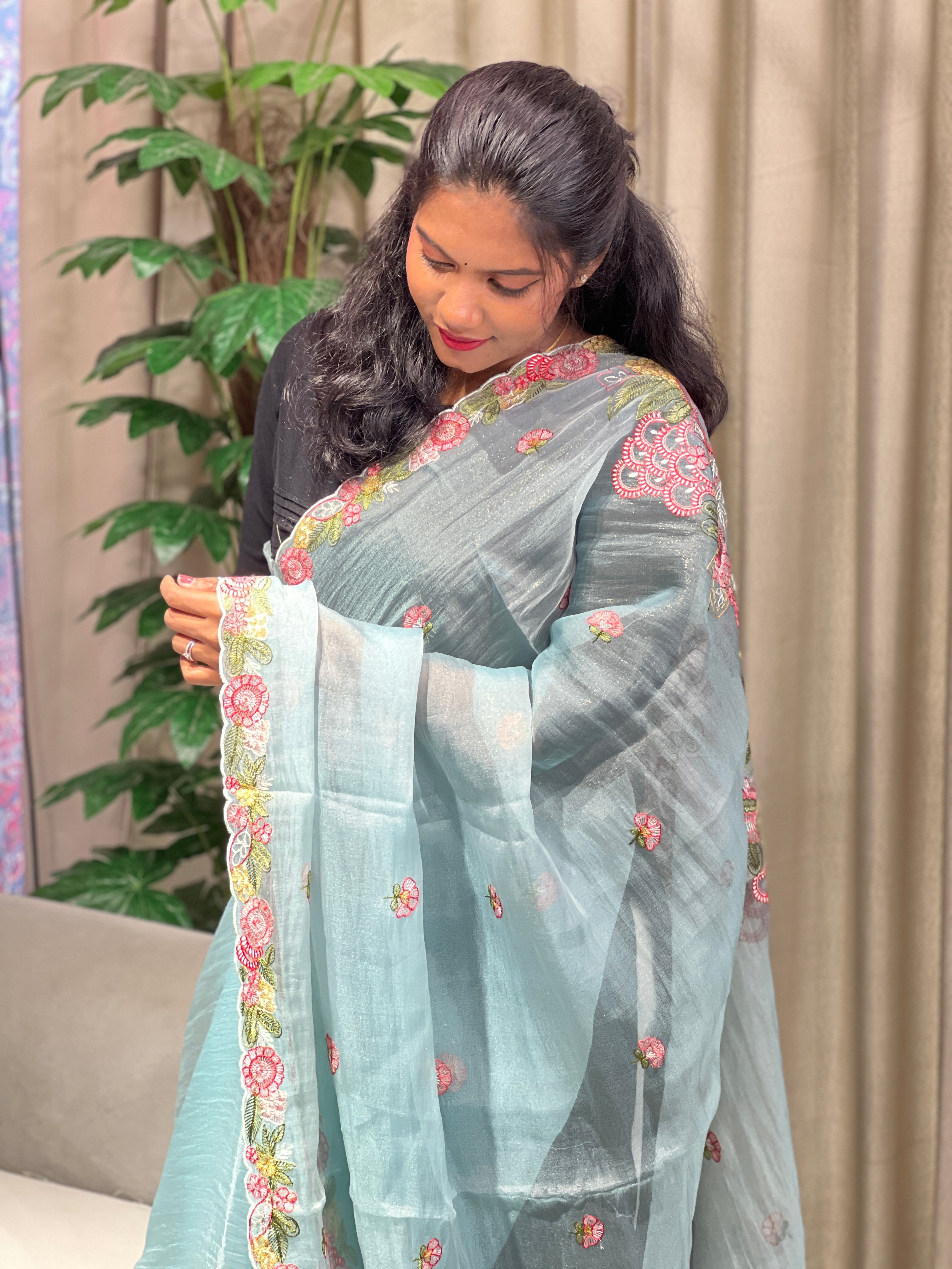 Floral Machine Embroidery Detailed Shimmer Organza Saree | BLD1805