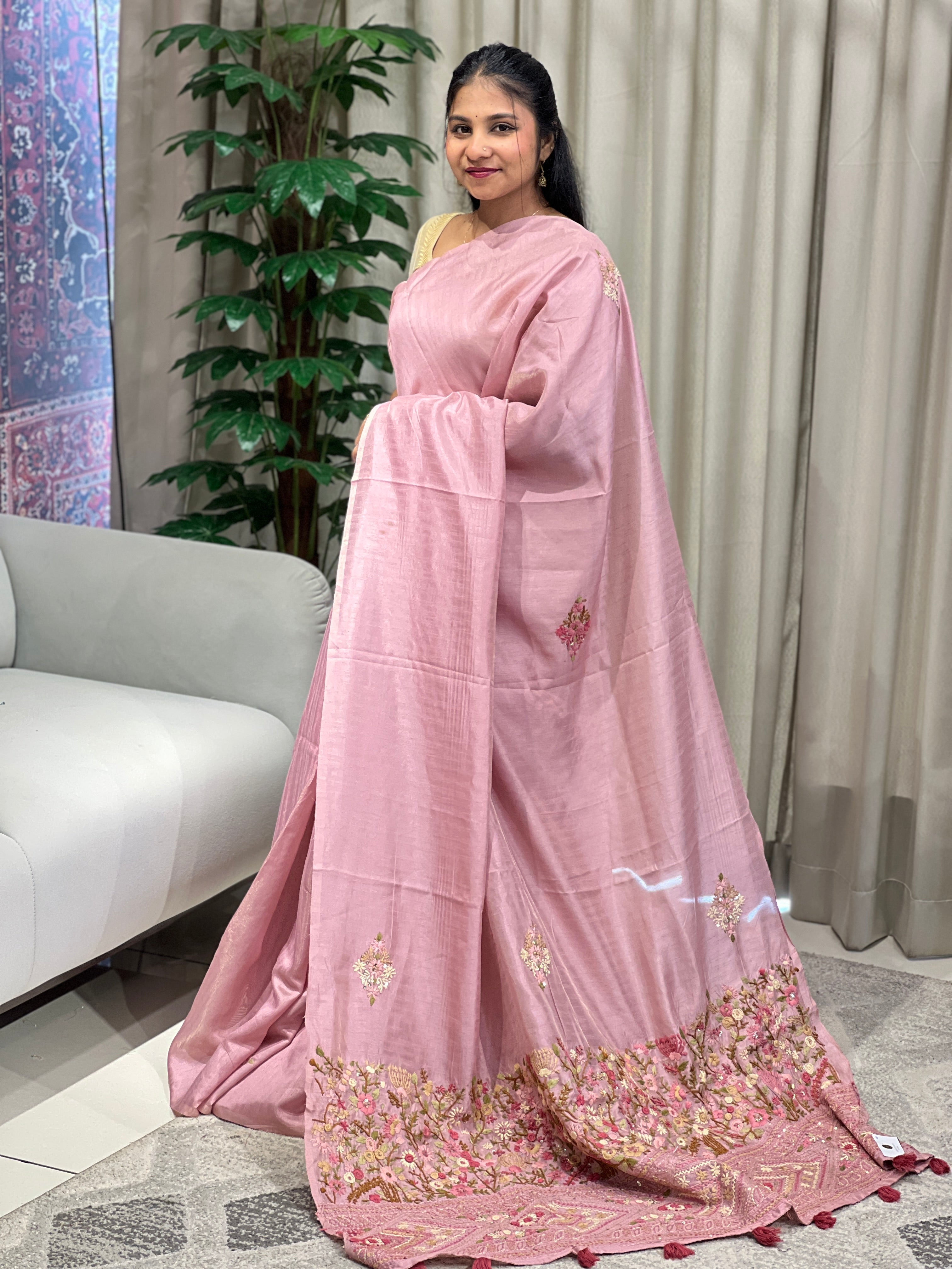 Floral Hand Embroidery Detailed Semi Tussar Saree | BLD1776