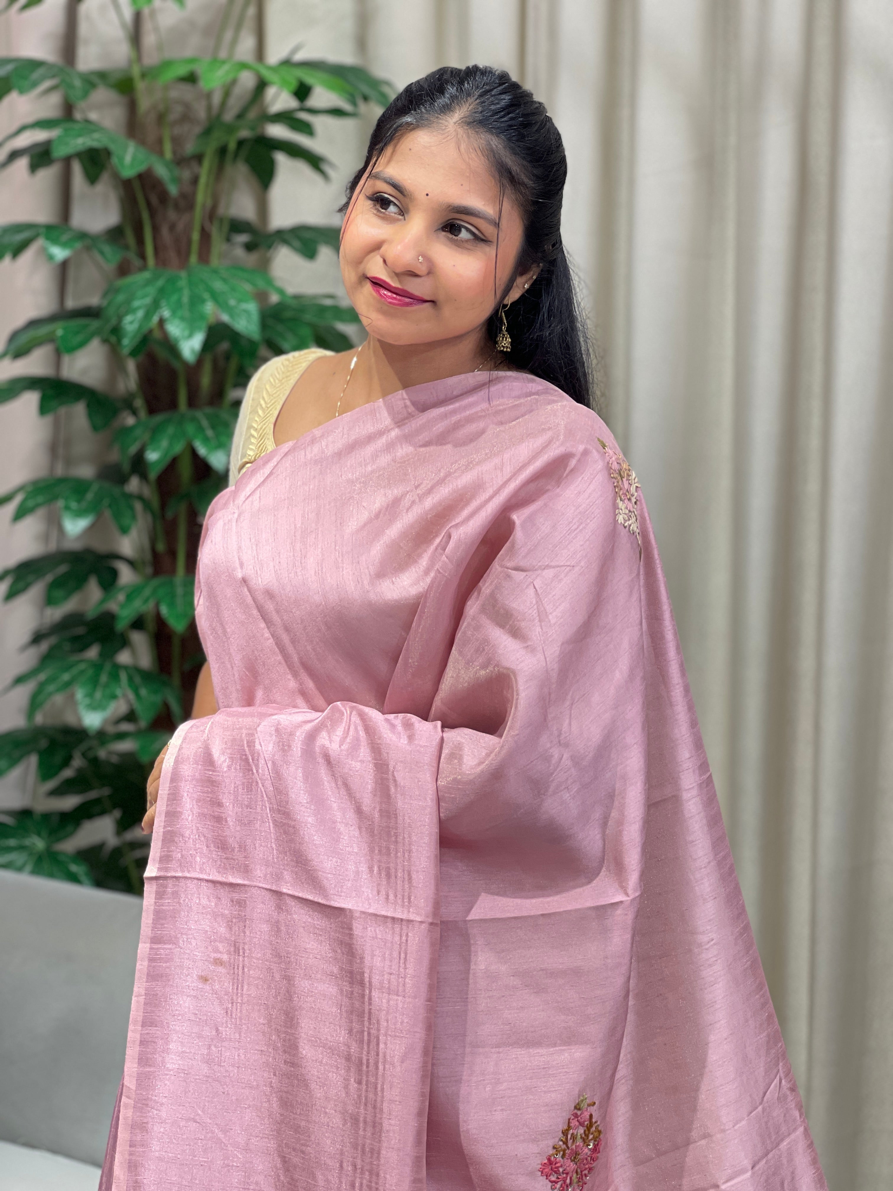 Floral Hand Embroidery Detailed Semi Tussar Saree | BLD1776