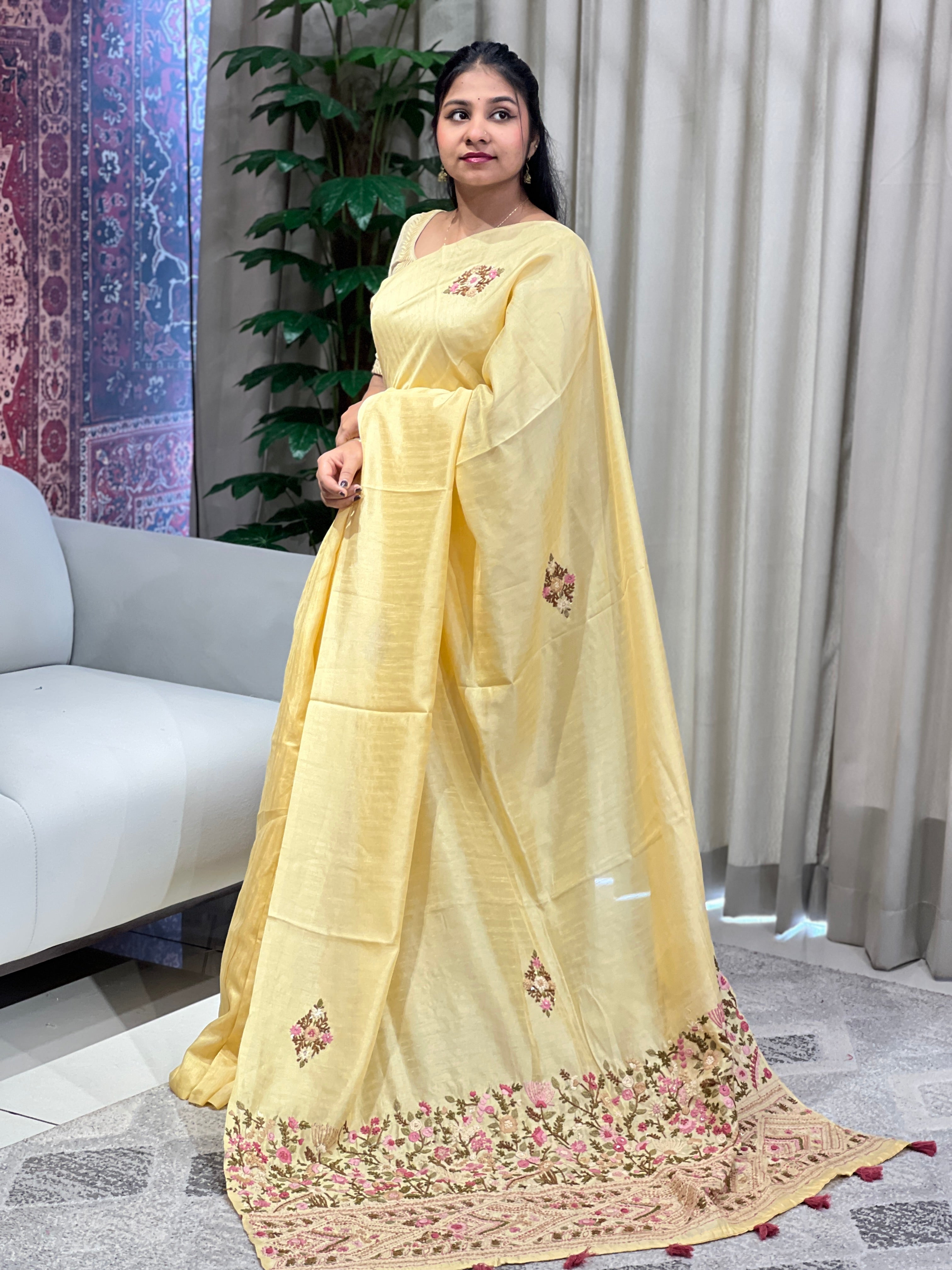 Floral Hand Embroidery Detailed Semi Tussar Saree | BLD1778