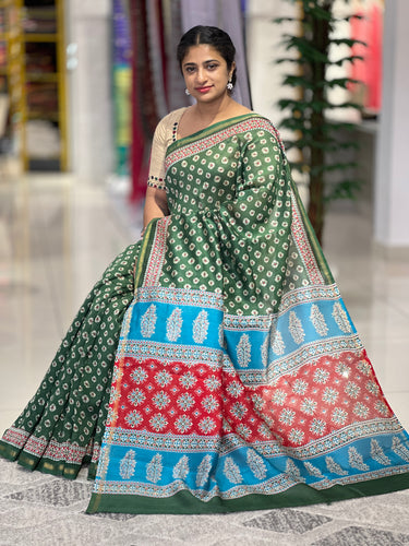 Screen Printed Tie & Dye Patterned Chanderi Finish Saree | SBS330