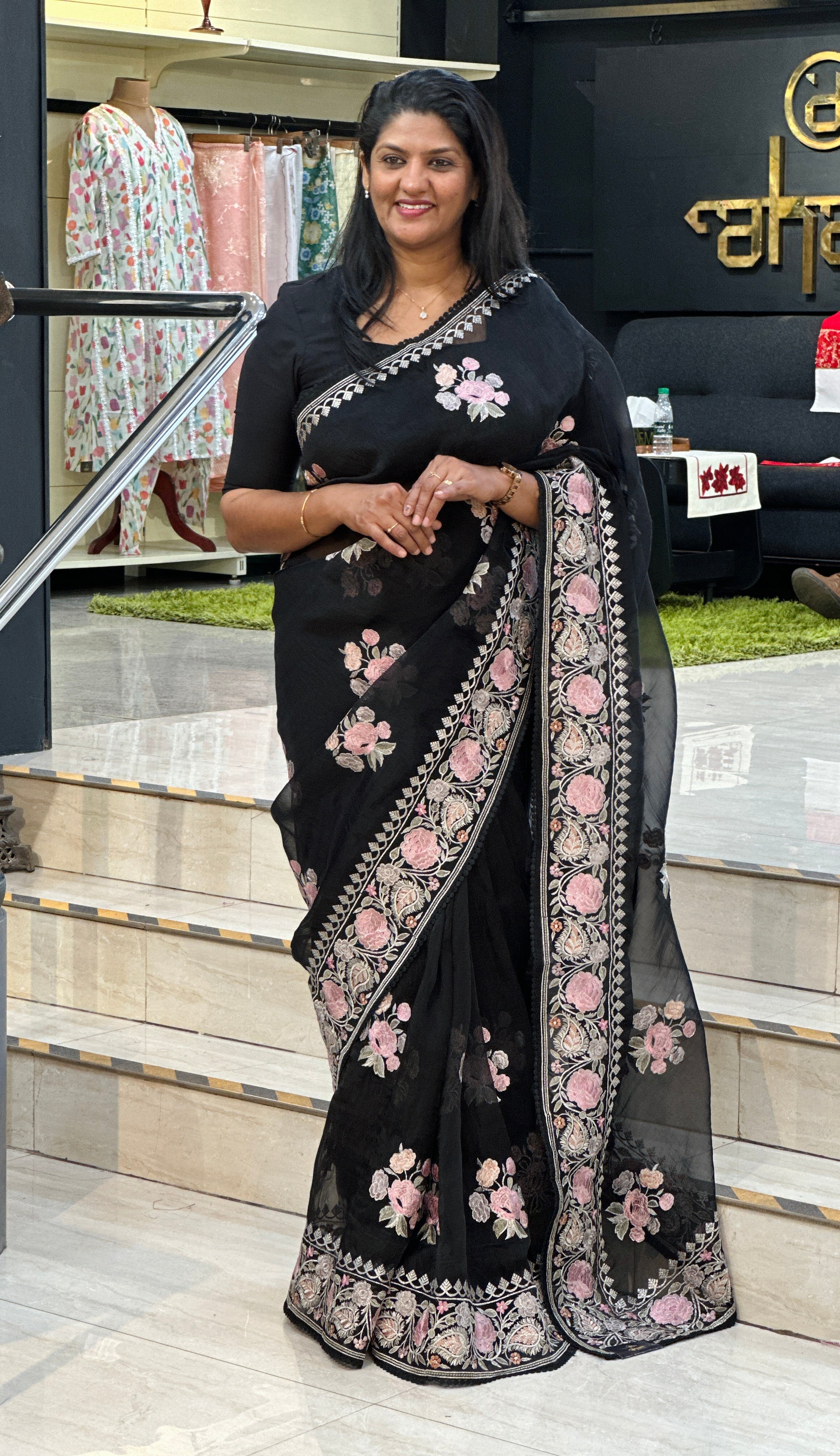 Floral Embroidery With Silver Zari Detailed Organza Saree | BLD1087