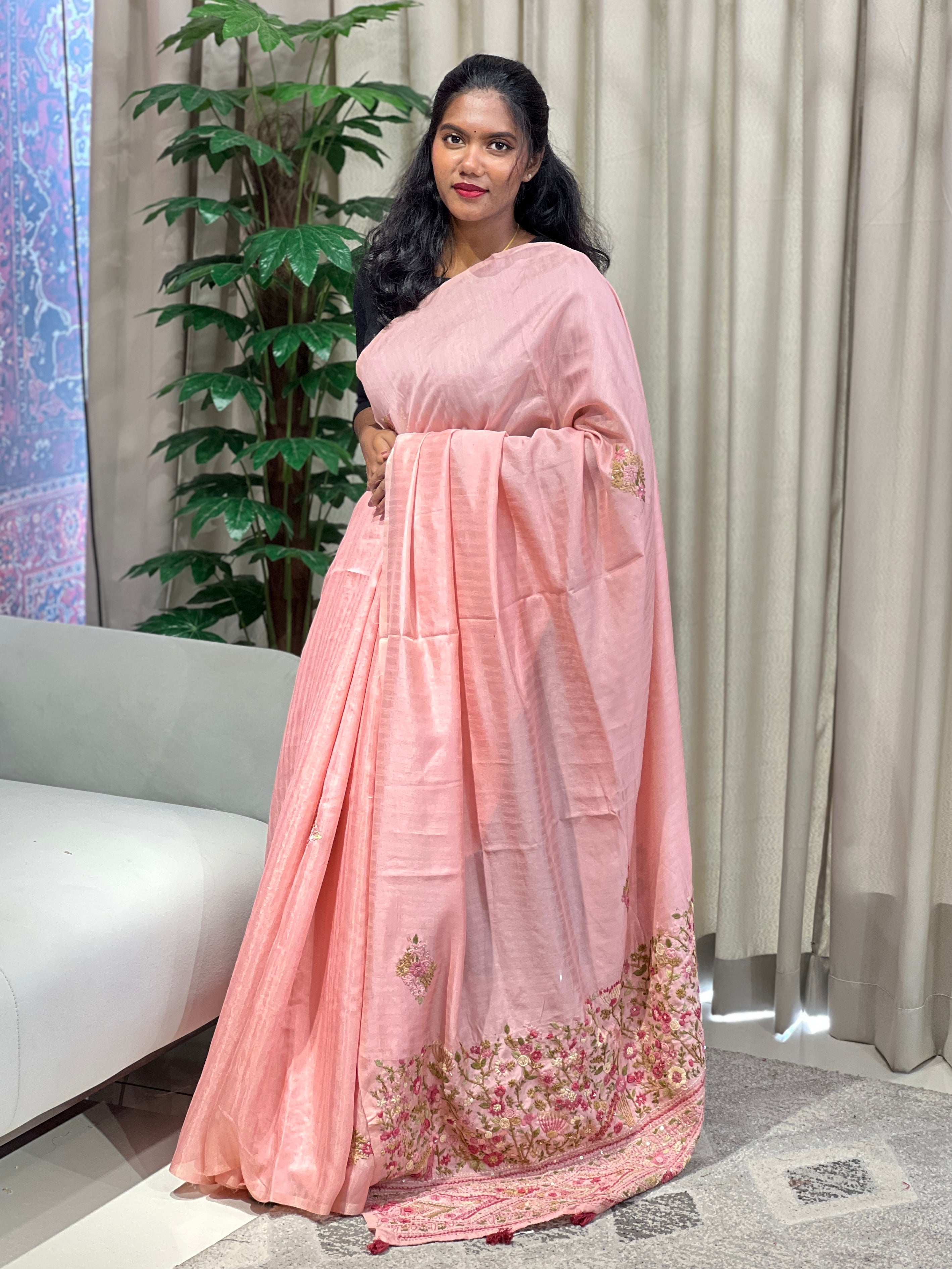 Floral Hand Embroidery Detailed Semi Tussar Saree | BLD1779