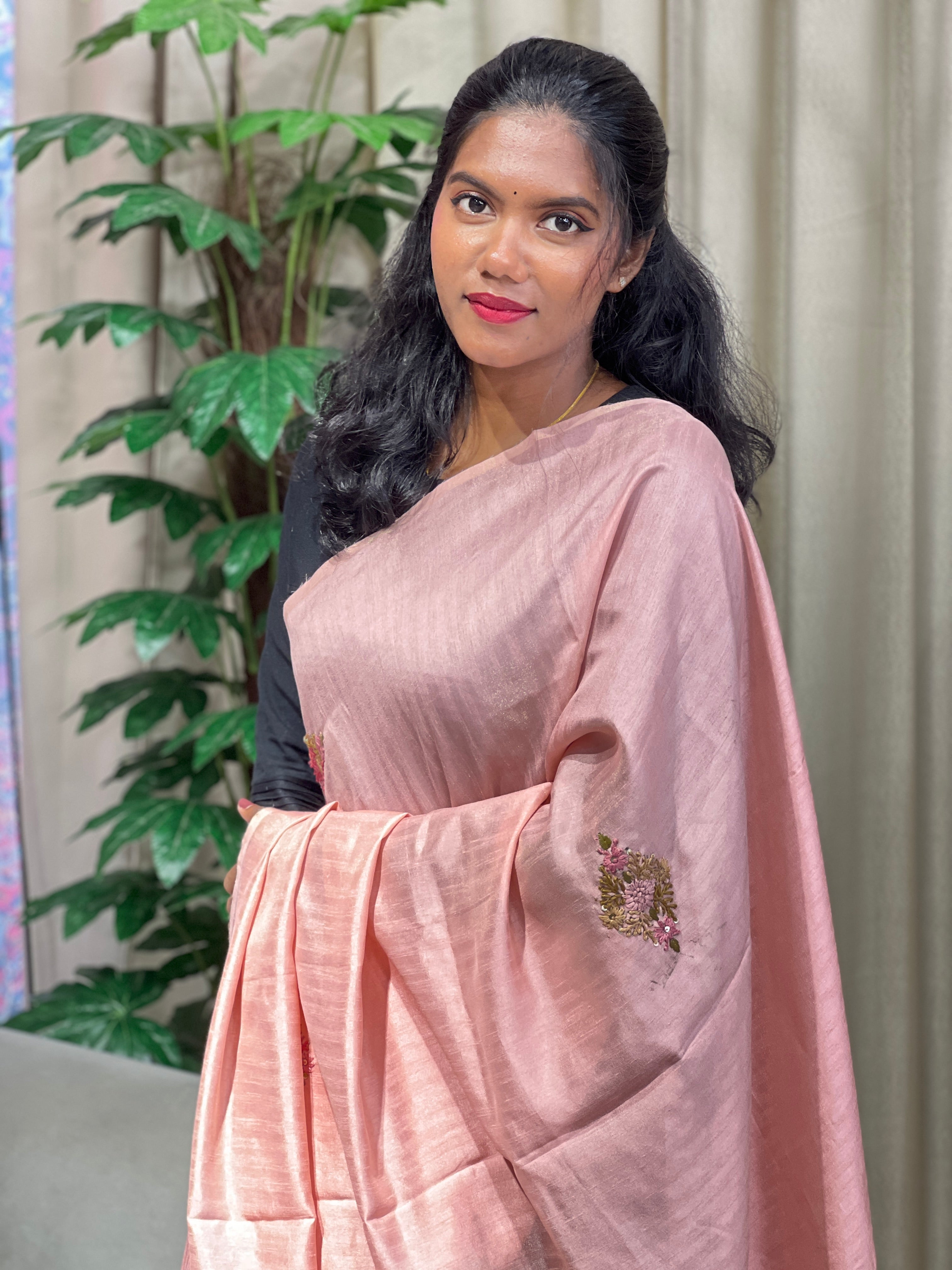 Floral Hand Embroidery Detailed Semi Tussar Saree | BLD1779