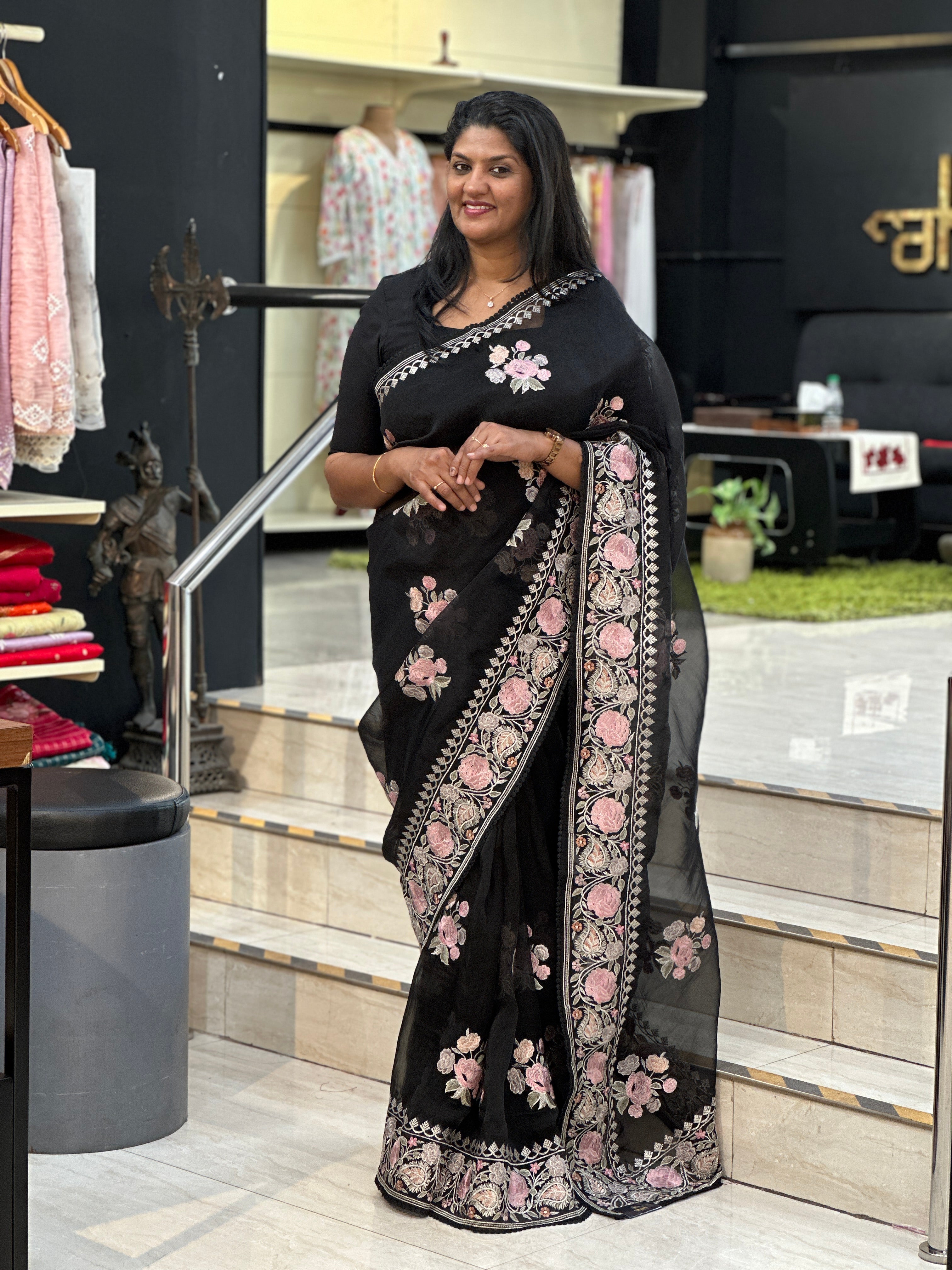 Floral Embroidery With Silver Zari Detailed Organza Saree | BLD1087