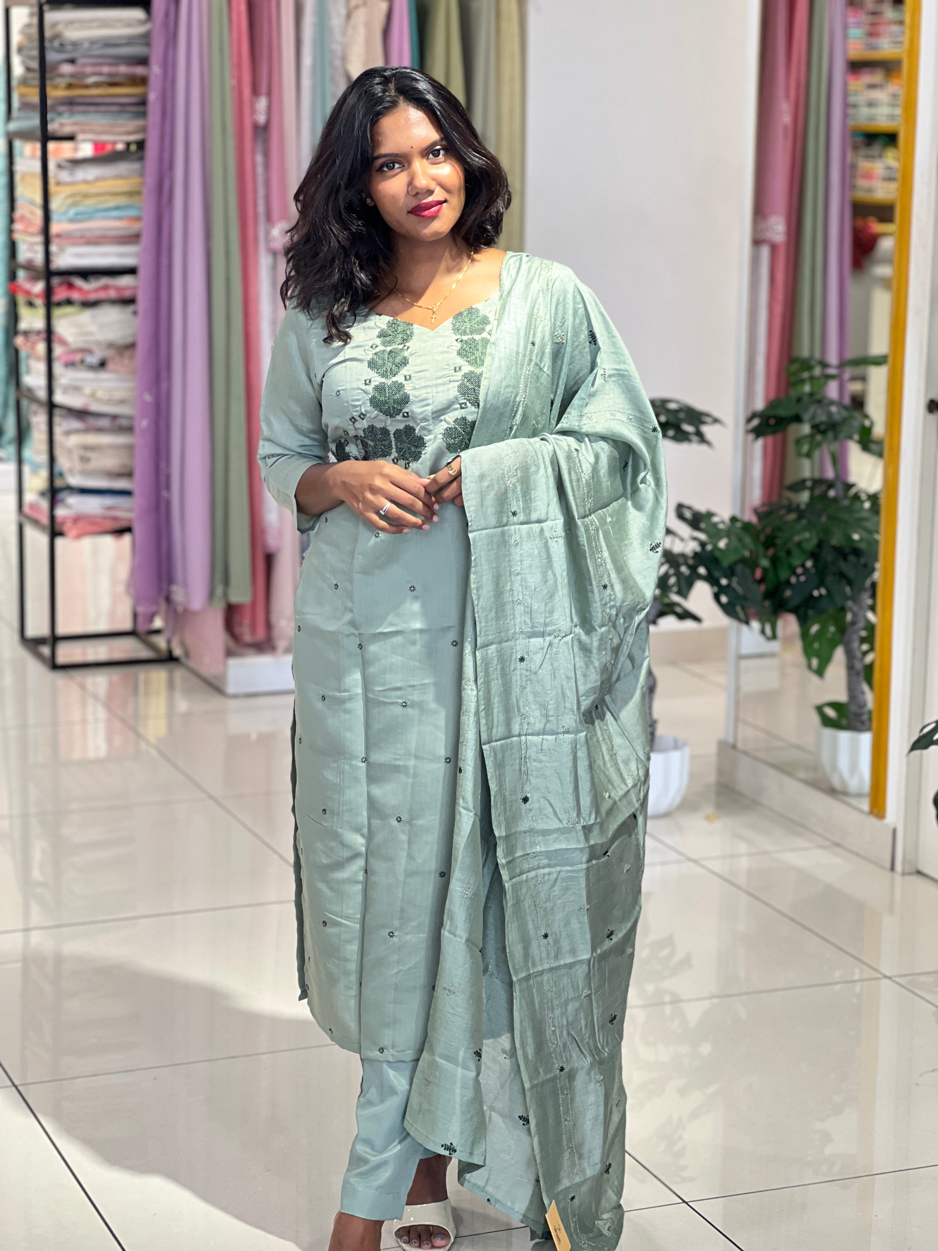 Cross Stitch Machine Embroidery Semi Chanderi Kurta Set | IHP126